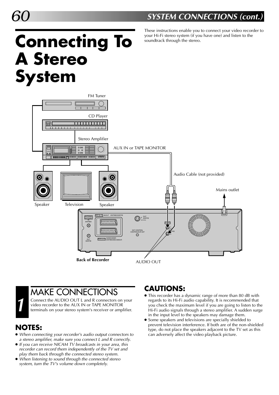 Connecting to a stereo system, Make connections, System connections (cont.) | Cautions | JVC SR-VS20EK User Manual | Page 60 / 84