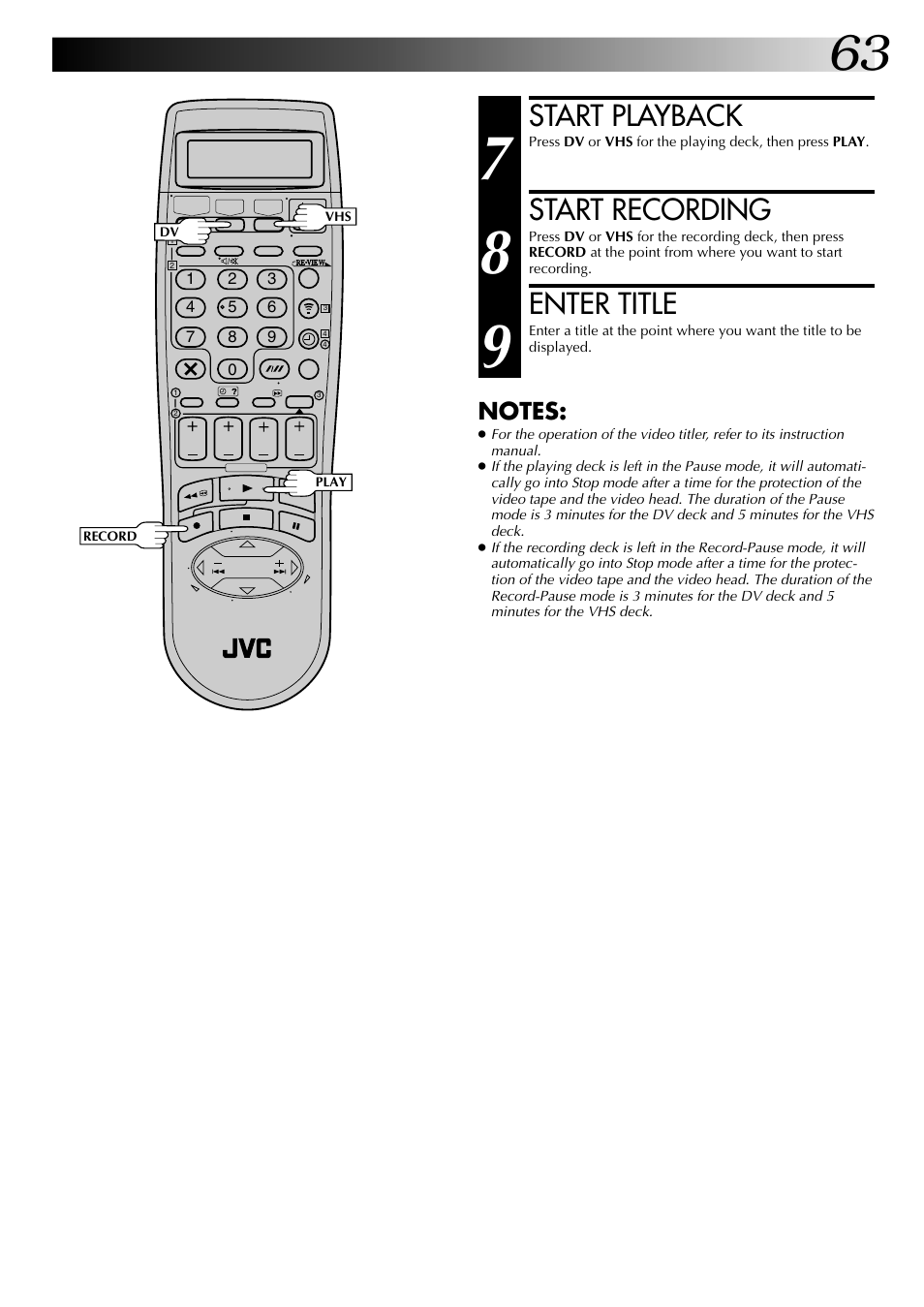 Start playback, Start recording, Enter title | JVC SR-VS20EK User Manual | Page 63 / 84