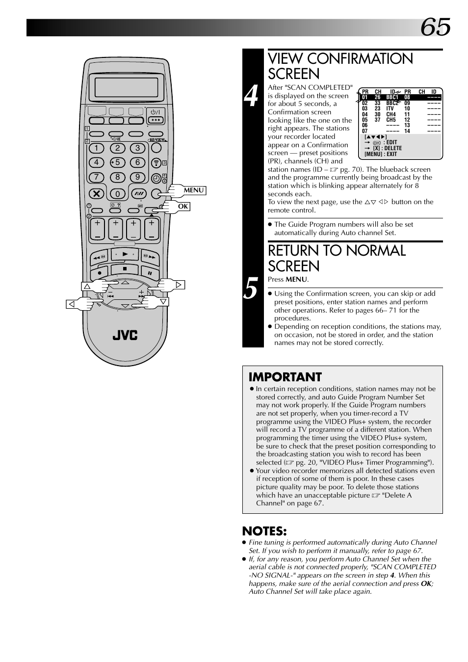 View confirmation screen, Return to normal screen, Important | JVC SR-VS20EK User Manual | Page 65 / 84