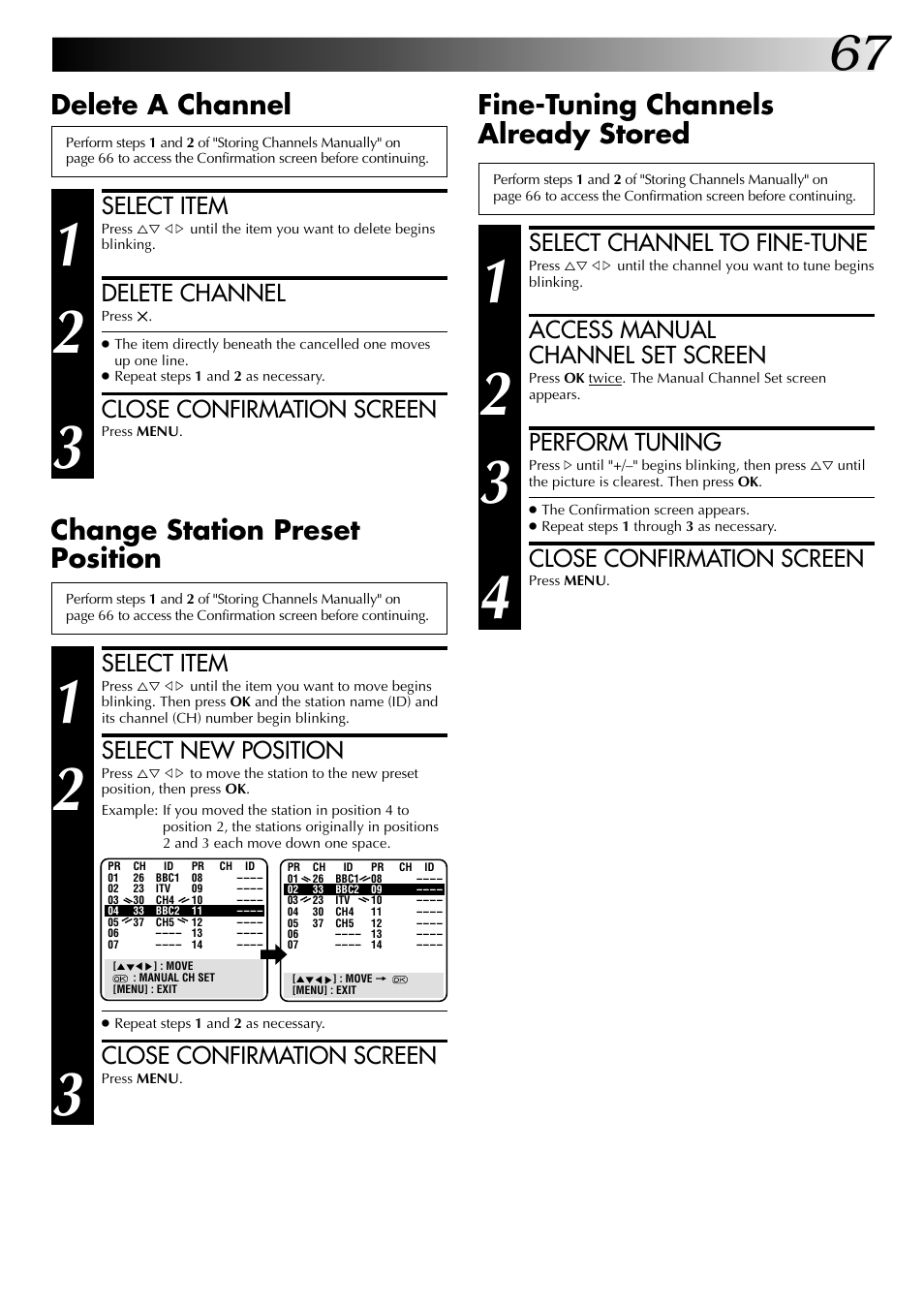 Change station preset position, Delete a channel, Fine-tuning channels already stored | Select item, Select new position, Close confirmation screen, Delete channel, Select channel to fine-tune, Access manual channel set screen, Perform tuning | JVC SR-VS20EK User Manual | Page 67 / 84