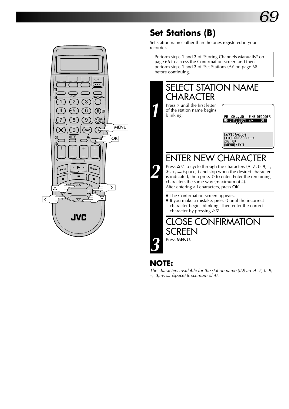 Select station name character, Enter new character, Close confirmation screen | Set stations (b) | JVC SR-VS20EK User Manual | Page 69 / 84