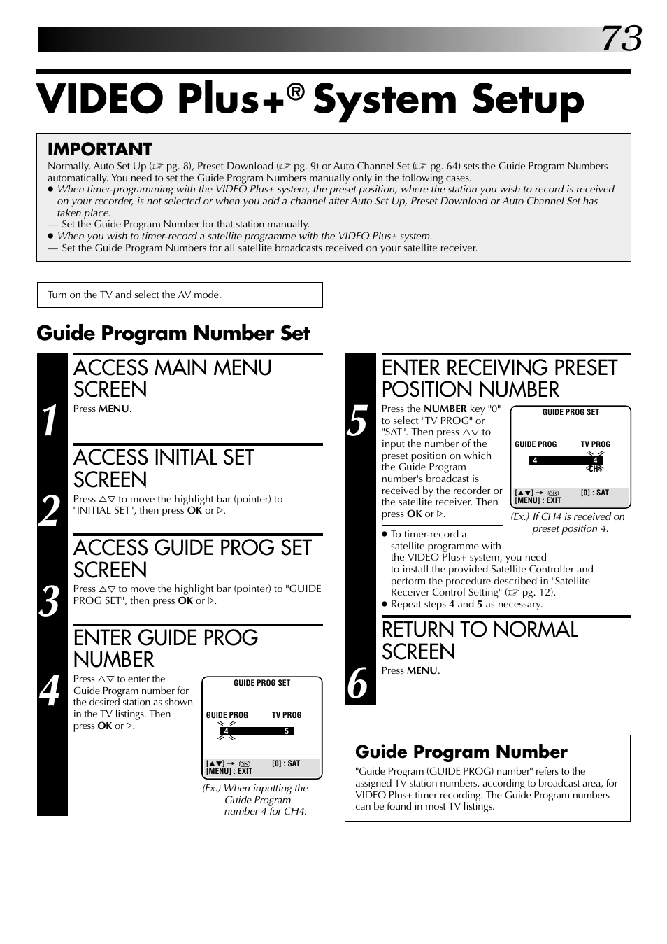 Video plus, System setup, Access main menu screen | Access initial set screen, Access guide prog set screen, Enter guide prog number, Enter receiving preset position number, Return to normal screen, Guide program number set | JVC SR-VS20EK User Manual | Page 73 / 84