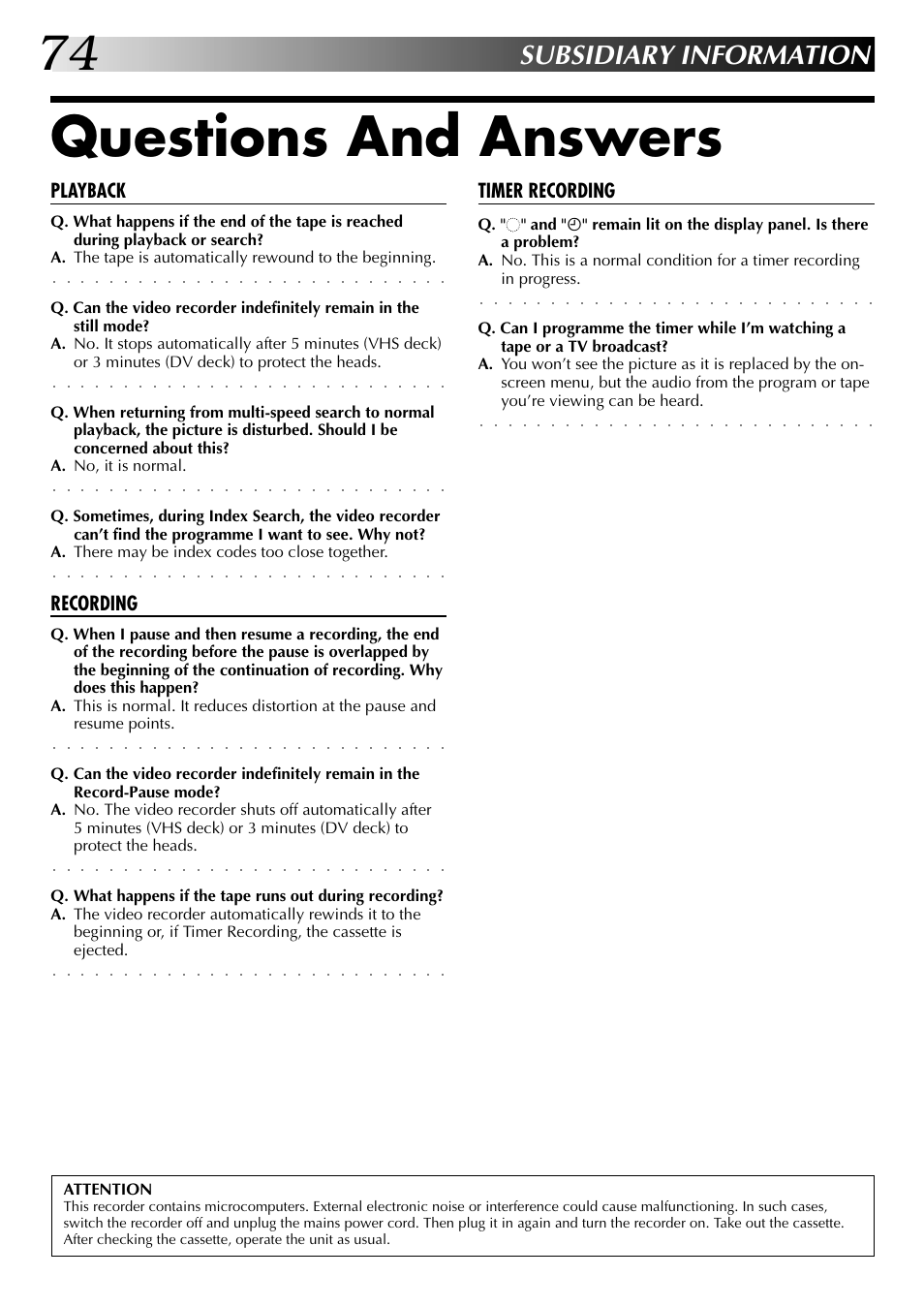 Subsidiary information, Questions and answers, Playback | Recording, Timer recording | JVC SR-VS20EK User Manual | Page 74 / 84