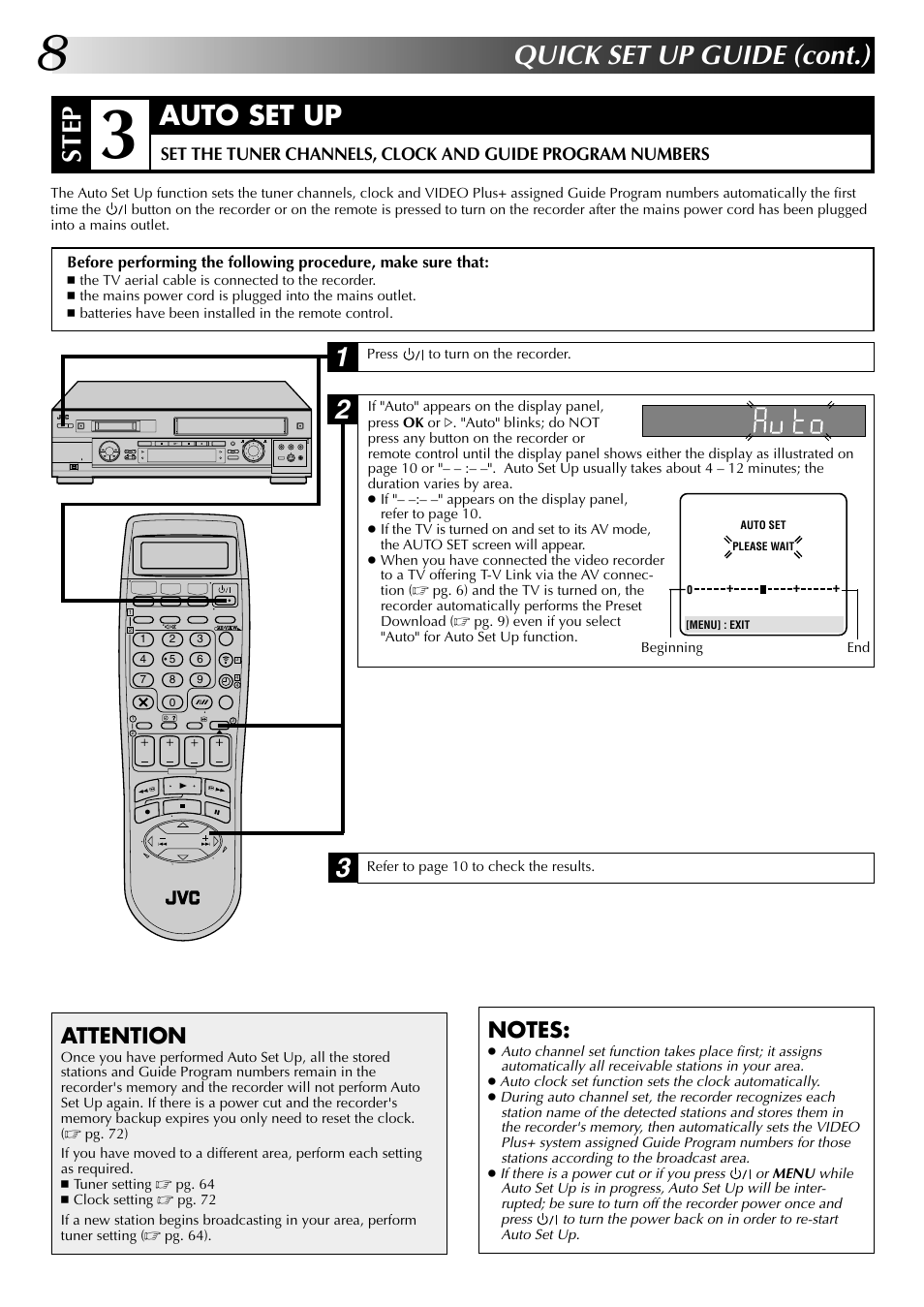 Quick set up guide (cont.), Step, Auto set up | Attention | JVC SR-VS20EK User Manual | Page 8 / 84