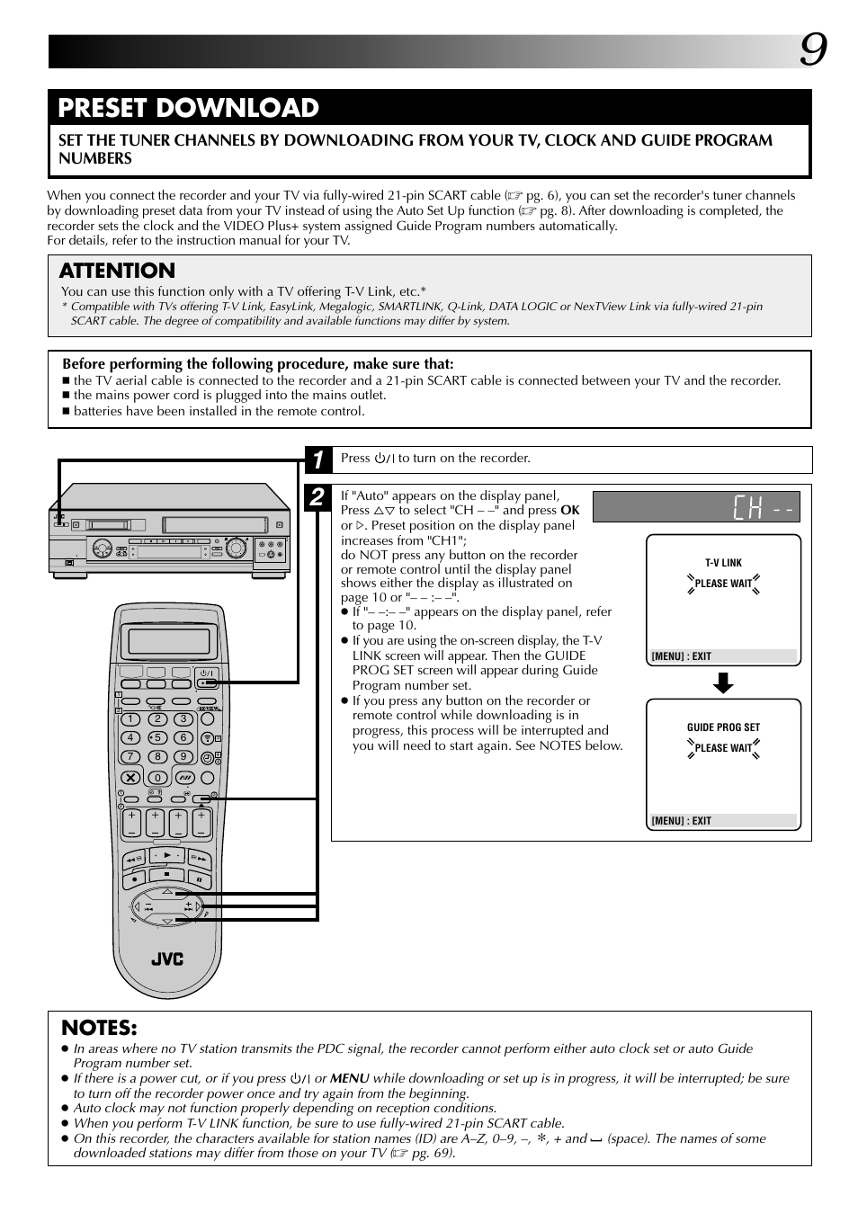 Preset download, Attention | JVC SR-VS20EK User Manual | Page 9 / 84