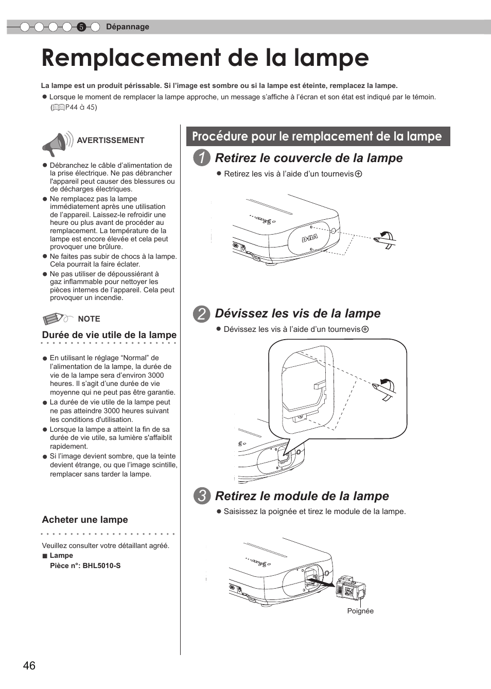 Remplacement de la lampe, Procédure pour le remplacement de la lampe, Procédure pour le remplacement de la | Lampe, Couvercle de la lampe, P46 à 48, Retirez le couvercle de la lampe, Dévissez les vis de la lampe, Retirez le module de la lampe | JVC DLA-HD550 User Manual | Page 104 / 174