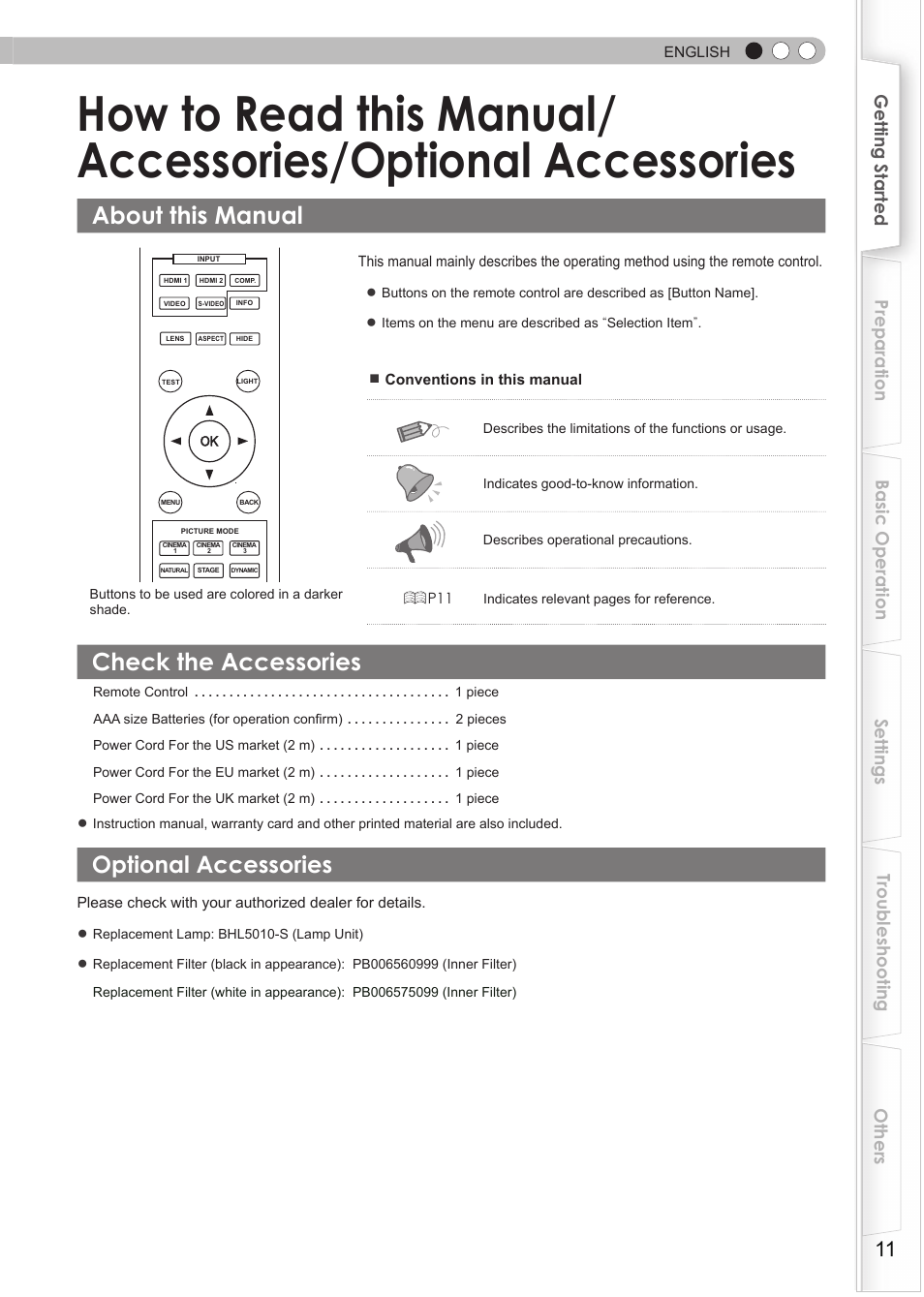 About this manual, Check the accessories, Optional accessories | JVC DLA-HD550 User Manual | Page 11 / 174
