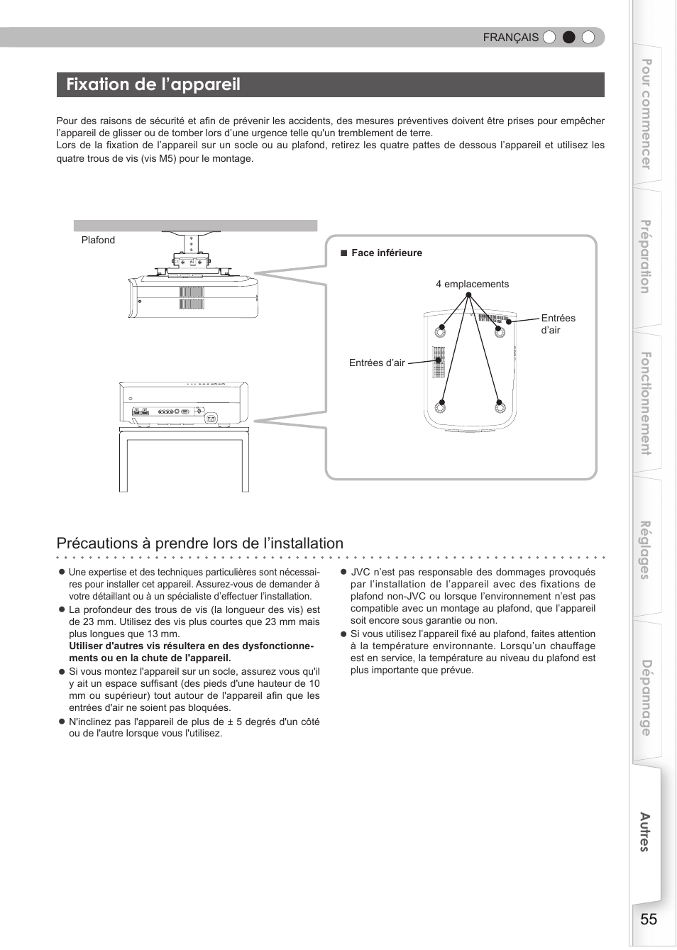 Fixation de l’appareil, Fixation de l'appareil, Précautions à prendre lors de l’installation | JVC DLA-HD550 User Manual | Page 113 / 174