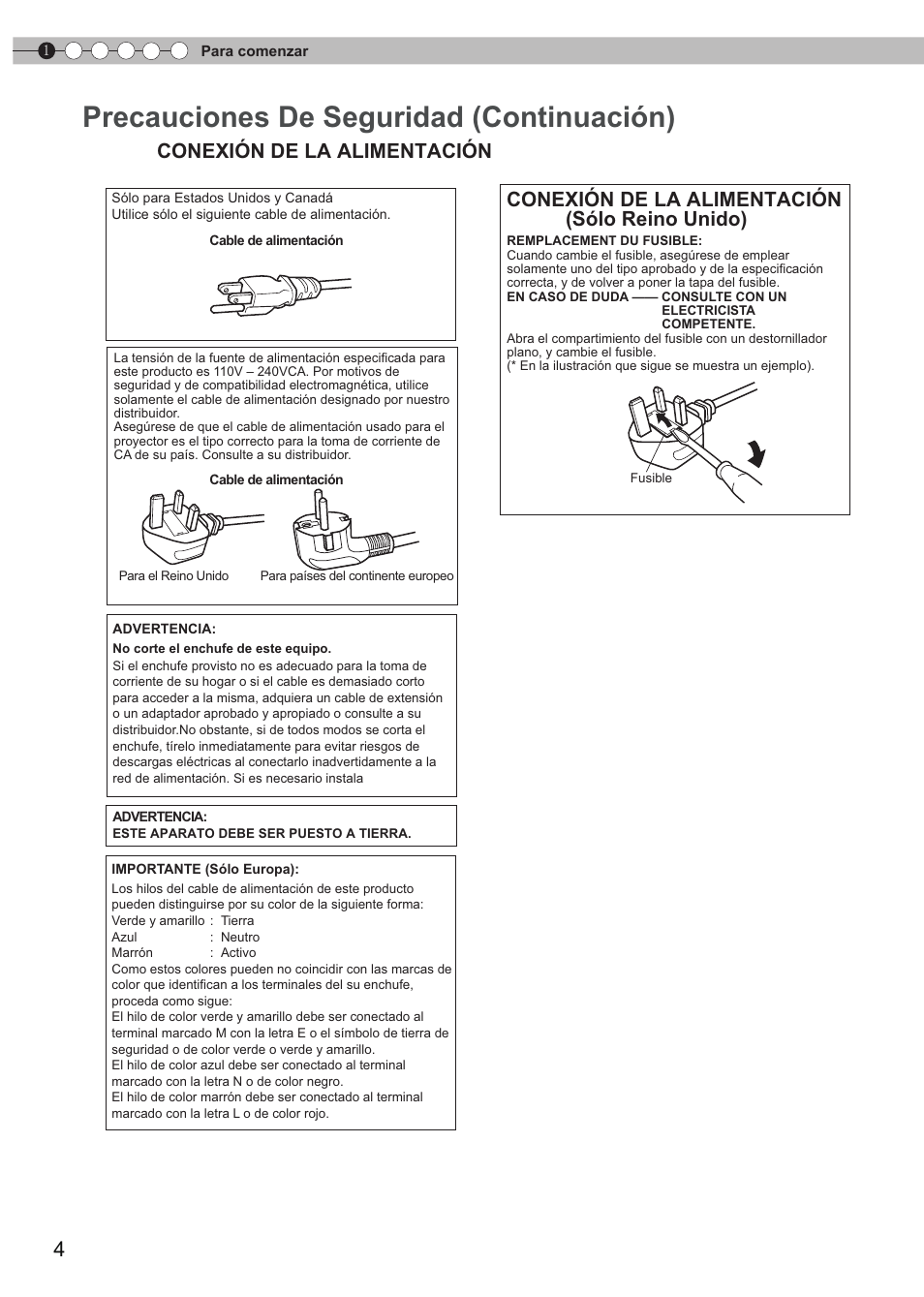 Precauciones de seguridad (continuación), Conexión de la alimentación, Conexión de la alimentación (sólo reino unido) | JVC DLA-HD550 User Manual | Page 120 / 174