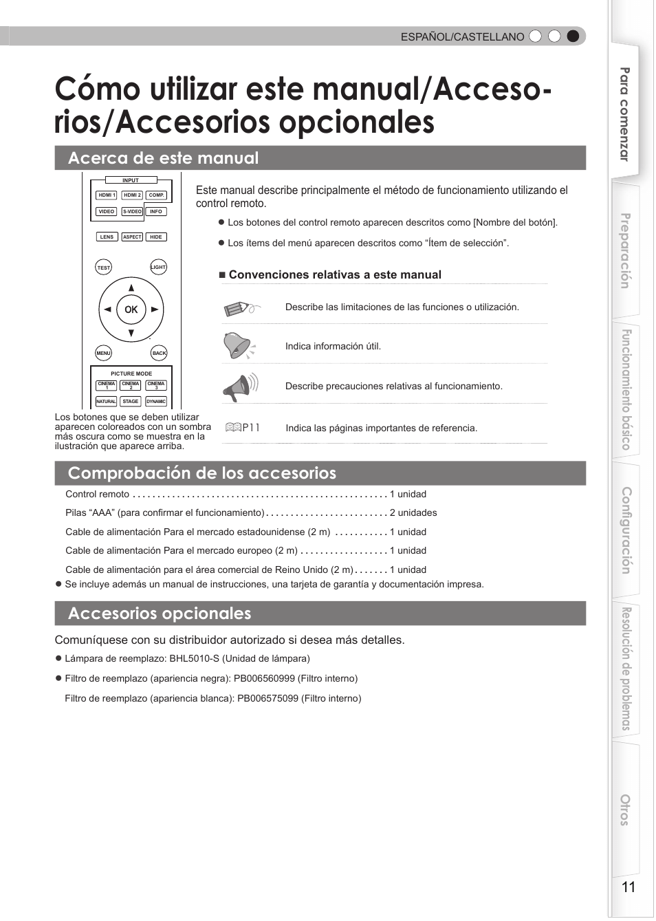 Acerca de este manual, Comprobación de los accesorios, Accesorios opcionales | Cómo utilizar este manual/acceso, Rios/accesorios opcionales | JVC DLA-HD550 User Manual | Page 127 / 174