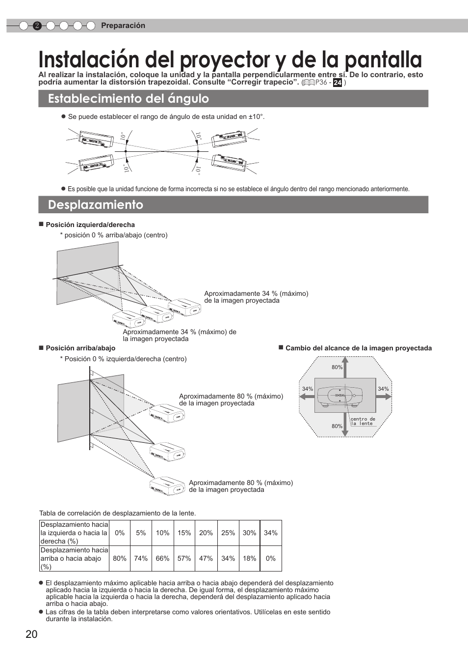Instalación del proyector y de la pantalla, Establecimiento del ángulo, Desplazamiento | Instalación del proyector y de la, Pantalla | JVC DLA-HD550 User Manual | Page 136 / 174