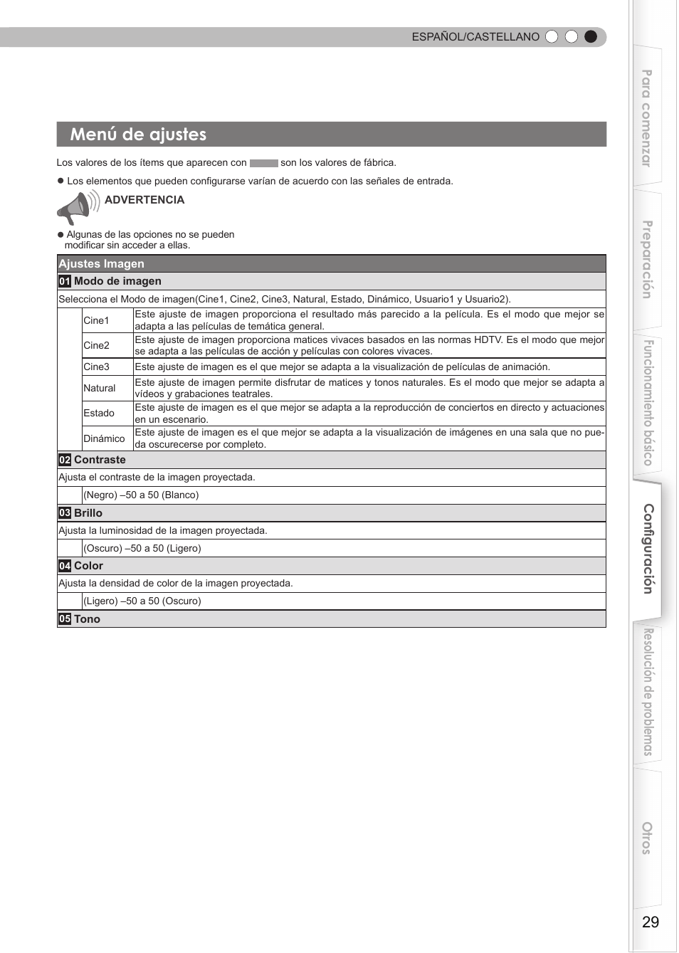 Menú de ajustes | JVC DLA-HD550 User Manual | Page 145 / 174