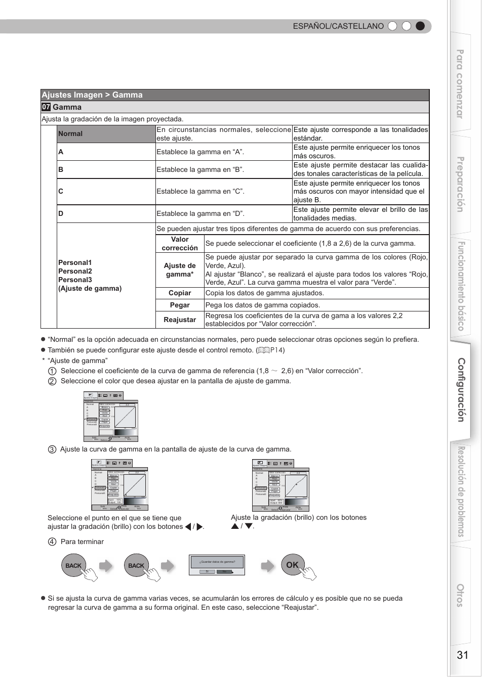 Ajustes imagen > gamma, Español/castellano, Gamma | JVC DLA-HD550 User Manual | Page 147 / 174