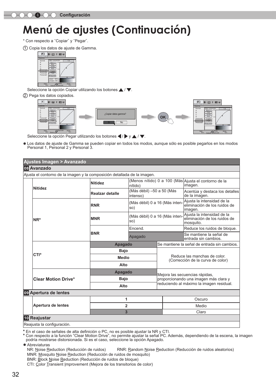 Menú de ajustes (continuación), Ajustes imagen > avanzado, 4configuración | Avanzado, Clear motion drive, Apertura de lentes, Reajustar, Reajusta la configuración | JVC DLA-HD550 User Manual | Page 148 / 174