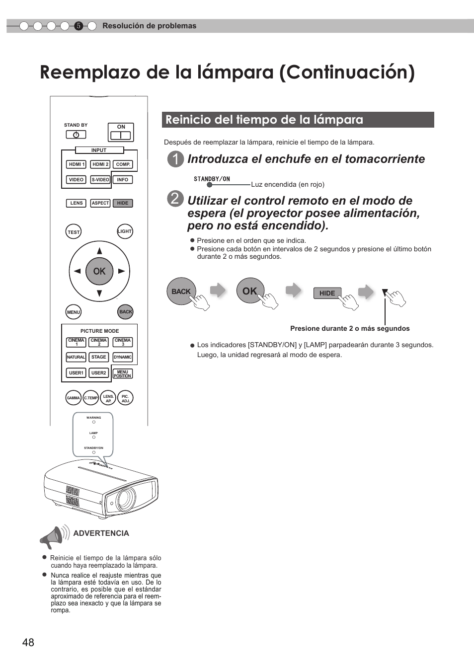 Reinicio del tiempo de la lámpara, Del tiempo de la lámpara, Reemplazo de la lámpara (continuación) | Introduzca el enchufe en el tomacorriente | JVC DLA-HD550 User Manual | Page 164 / 174