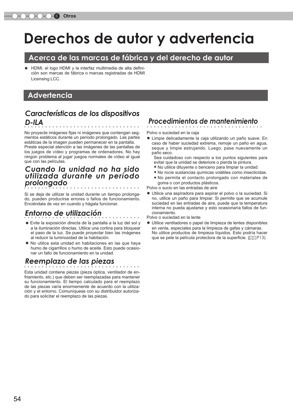 Derechos de autor y advertencia, Advertencia, Acerca de las marcas de fábrica y del | Derecho de autor, Durante el uso normal | JVC DLA-HD550 User Manual | Page 170 / 174