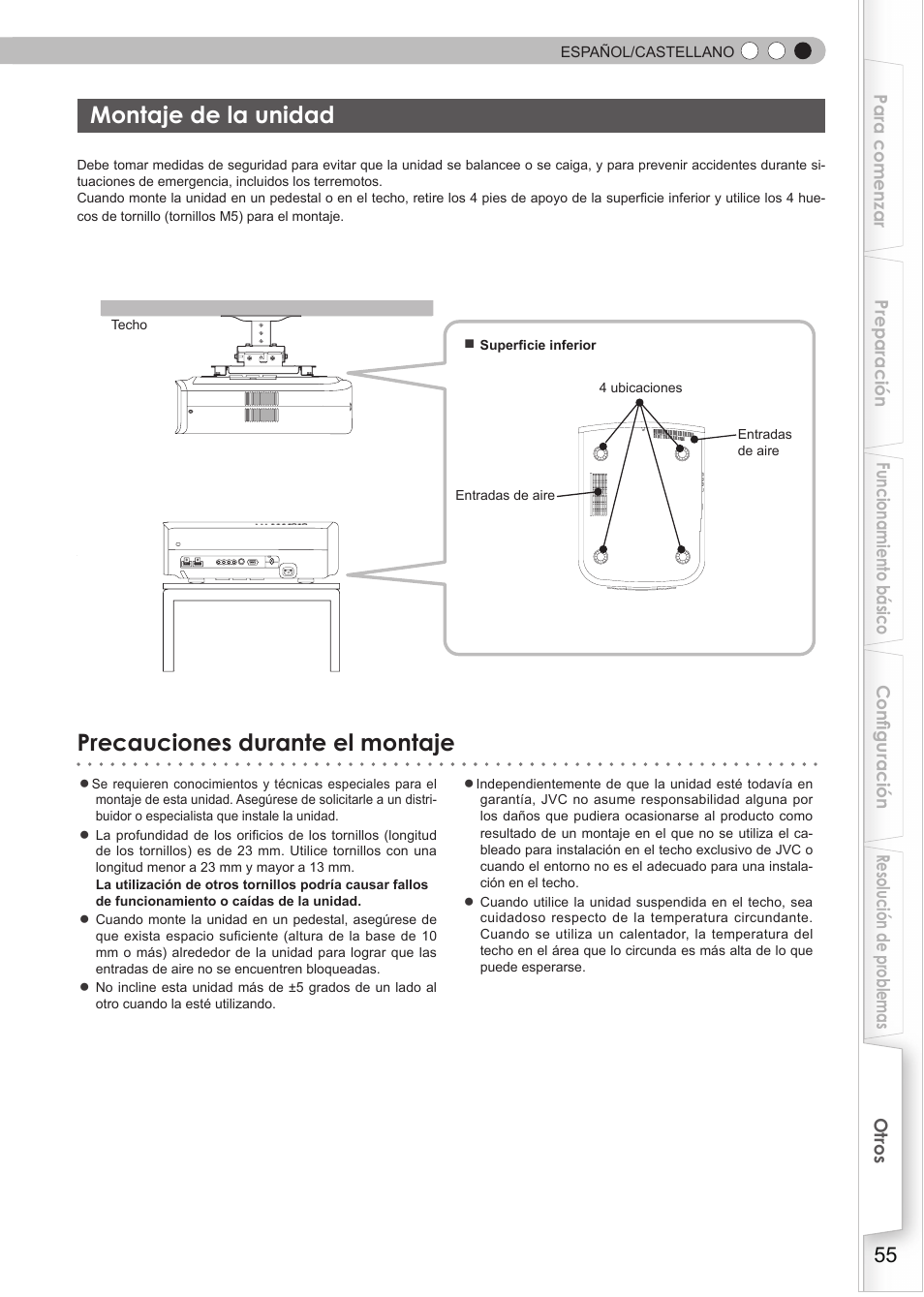 Montaje de la unidad, Precauciones durante el montaje | JVC DLA-HD550 User Manual | Page 171 / 174