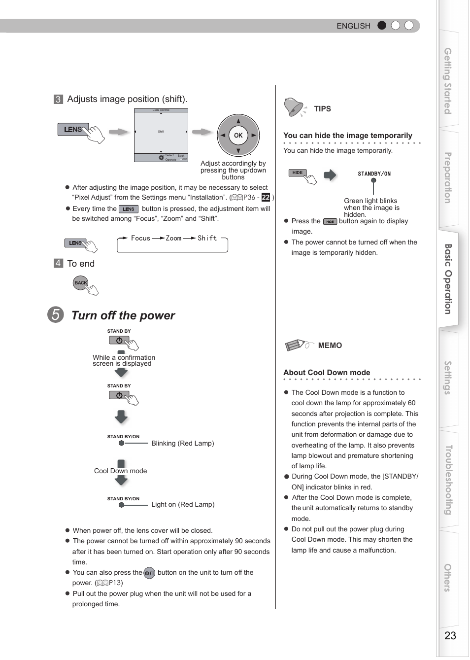 O hide the image temporarily, Turn off the power | JVC DLA-HD550 User Manual | Page 23 / 174