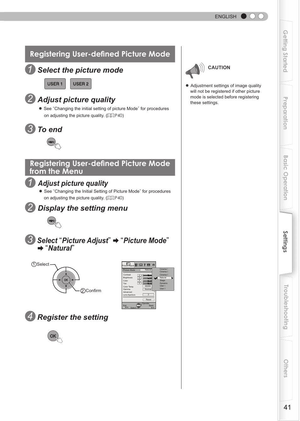 Registering user-defined picture mode, Select the picture mode, Adjust picture quality | Display the setting menu, Register the setting | JVC DLA-HD550 User Manual | Page 41 / 174