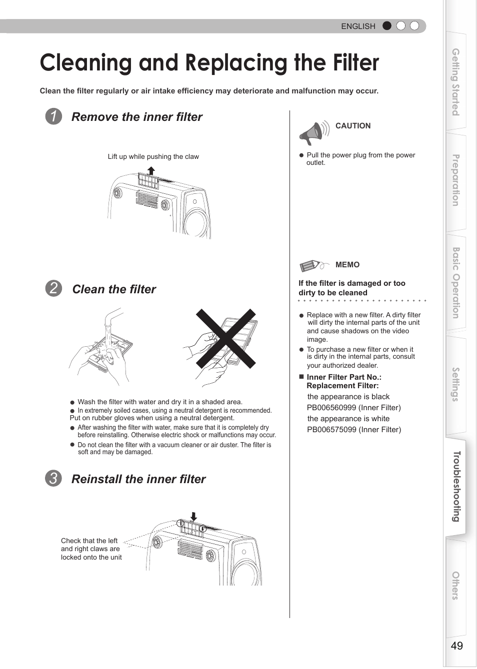 Cleaning and replacing the filter, Filter, Replacing the lamp (continued) | Remove the inner filter, Reinstall the inner filter, Clean the filter | JVC DLA-HD550 User Manual | Page 49 / 174