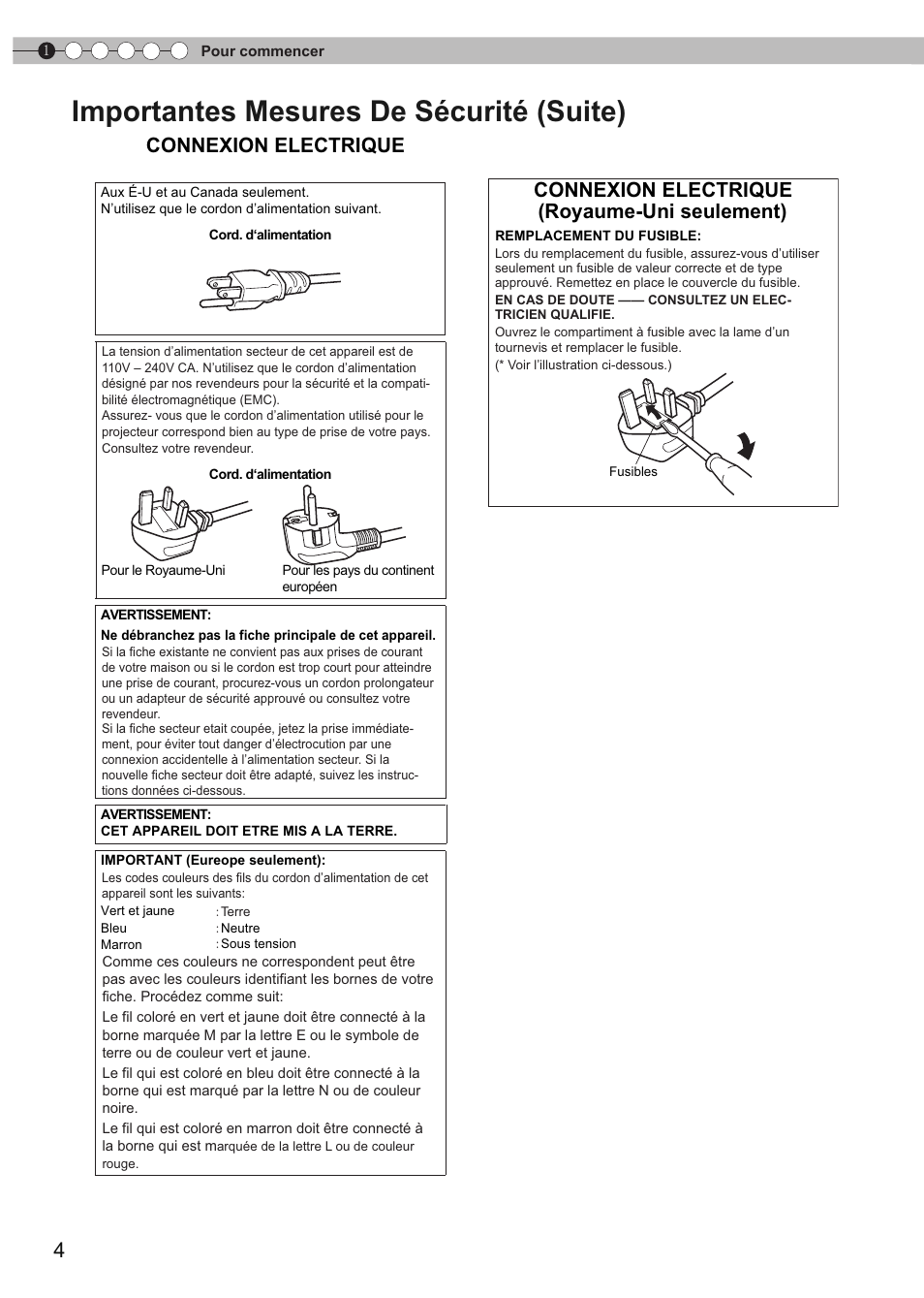 Importantes mesures de sécurité (suite), Connexion electrique, Connexion electrique (royaume-uni seulement) | JVC DLA-HD550 User Manual | Page 62 / 174