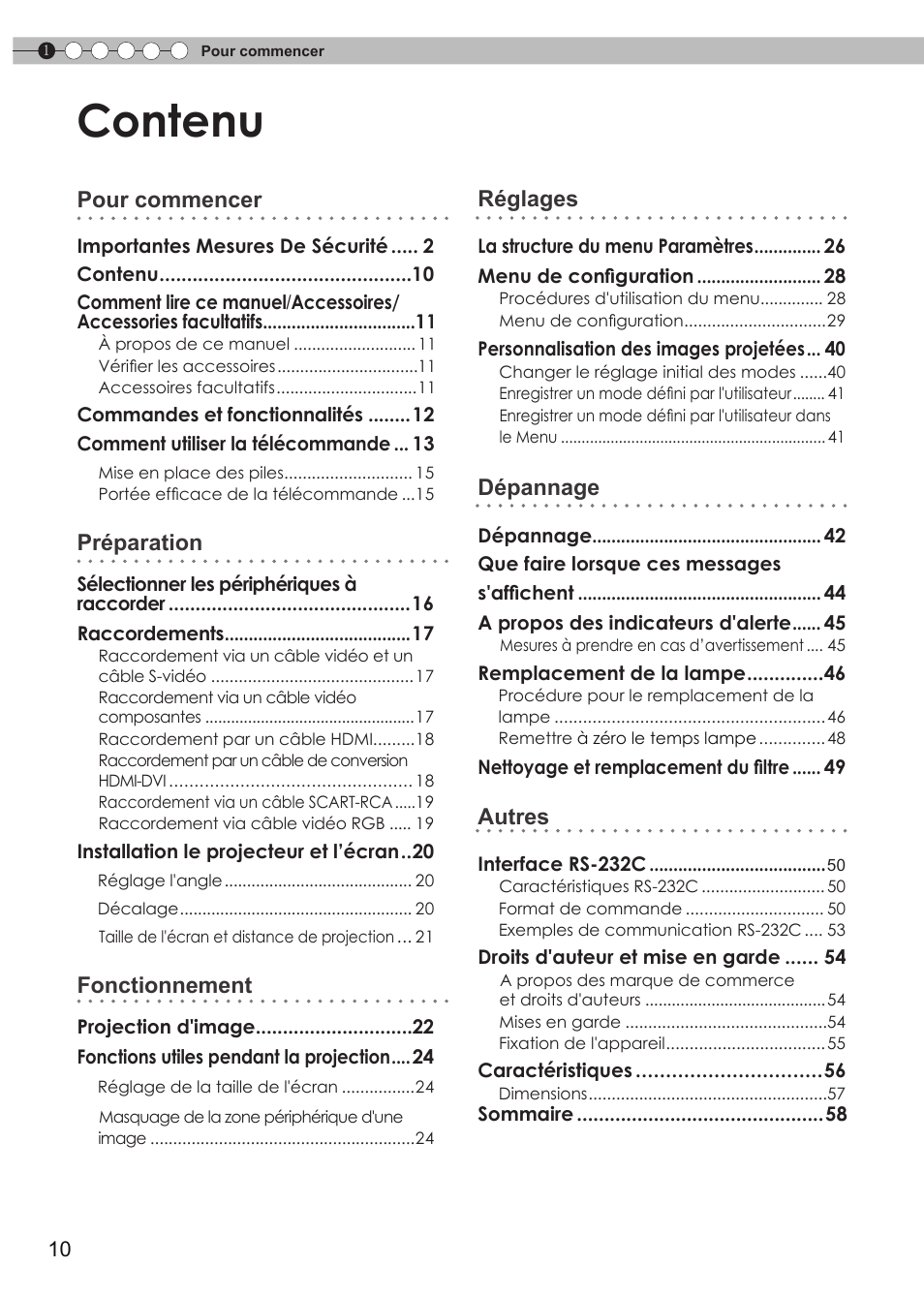 Contenu, Pour commencer, Préparation | Fonctionnement, Réglages, Dépannage, Autres | JVC DLA-HD550 User Manual | Page 68 / 174