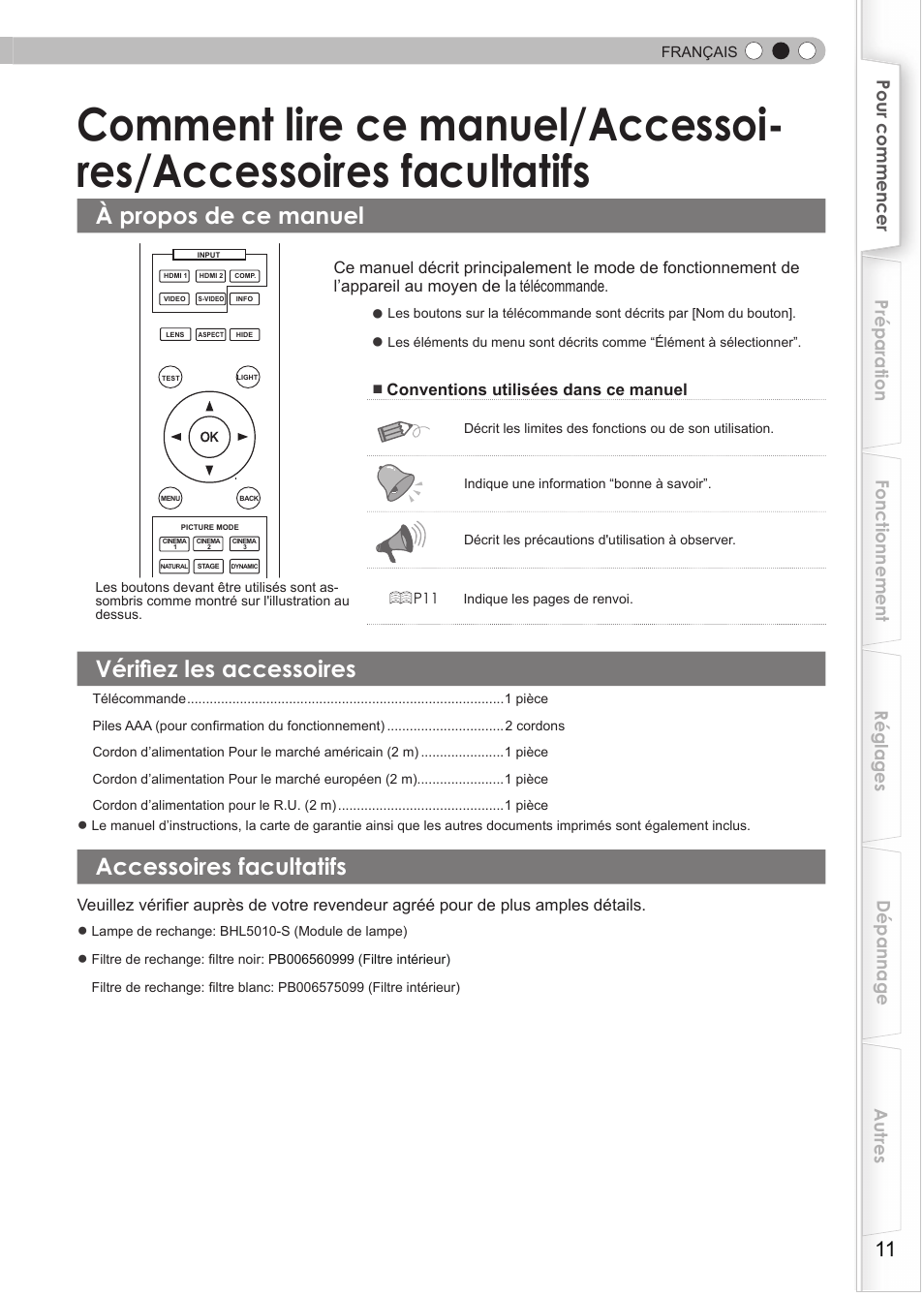 À propos de ce manuel, Vérifiez les accessoires, Accessoires facultatifs | Comment lire ce manuel / accessoires, Accessories facultatifs, Vérifier les accessoires | JVC DLA-HD550 User Manual | Page 69 / 174