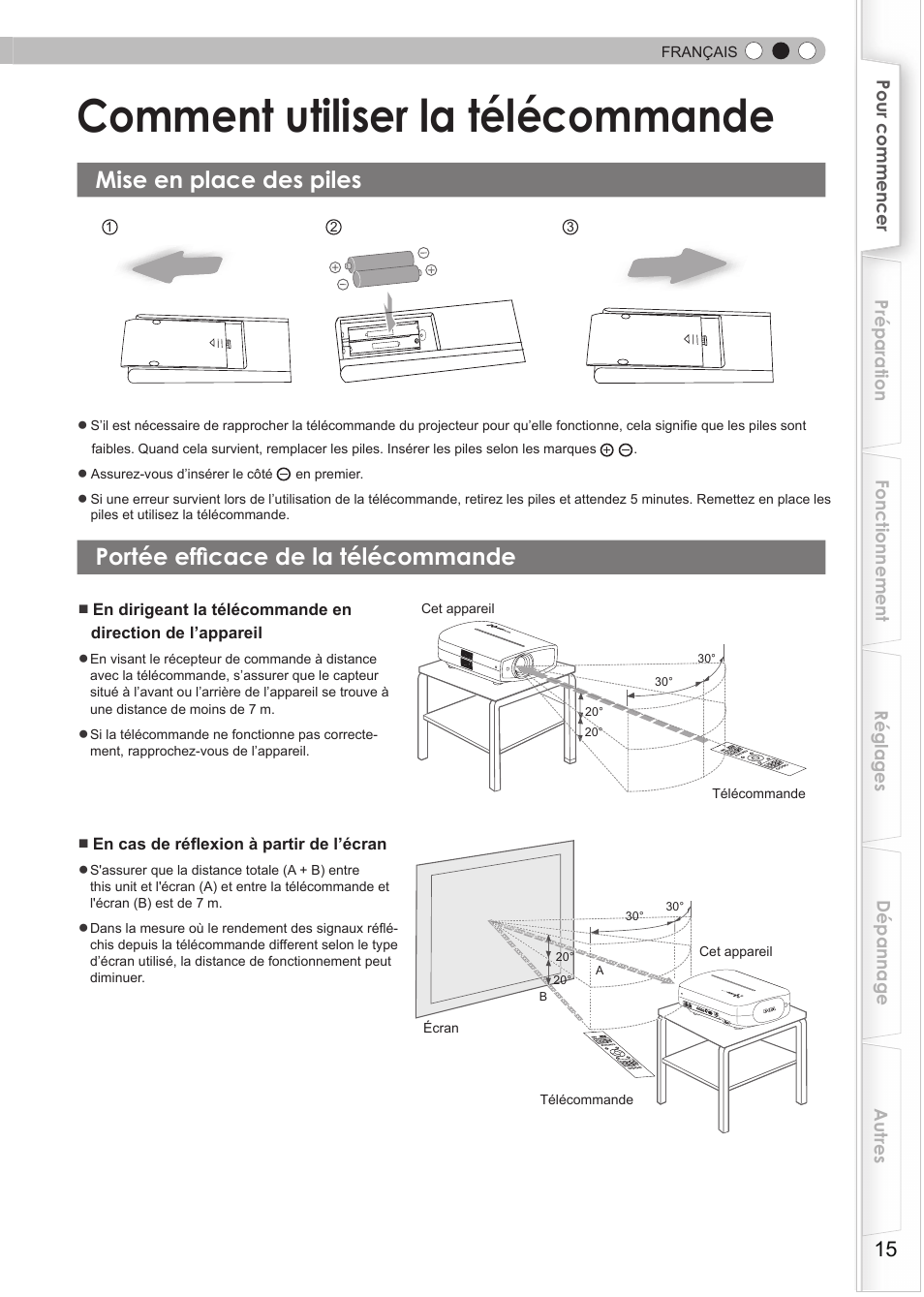 Comment utiliser la télécommande, Mise en place des piles, Portée efficace de la télécommande | JVC DLA-HD550 User Manual | Page 73 / 174