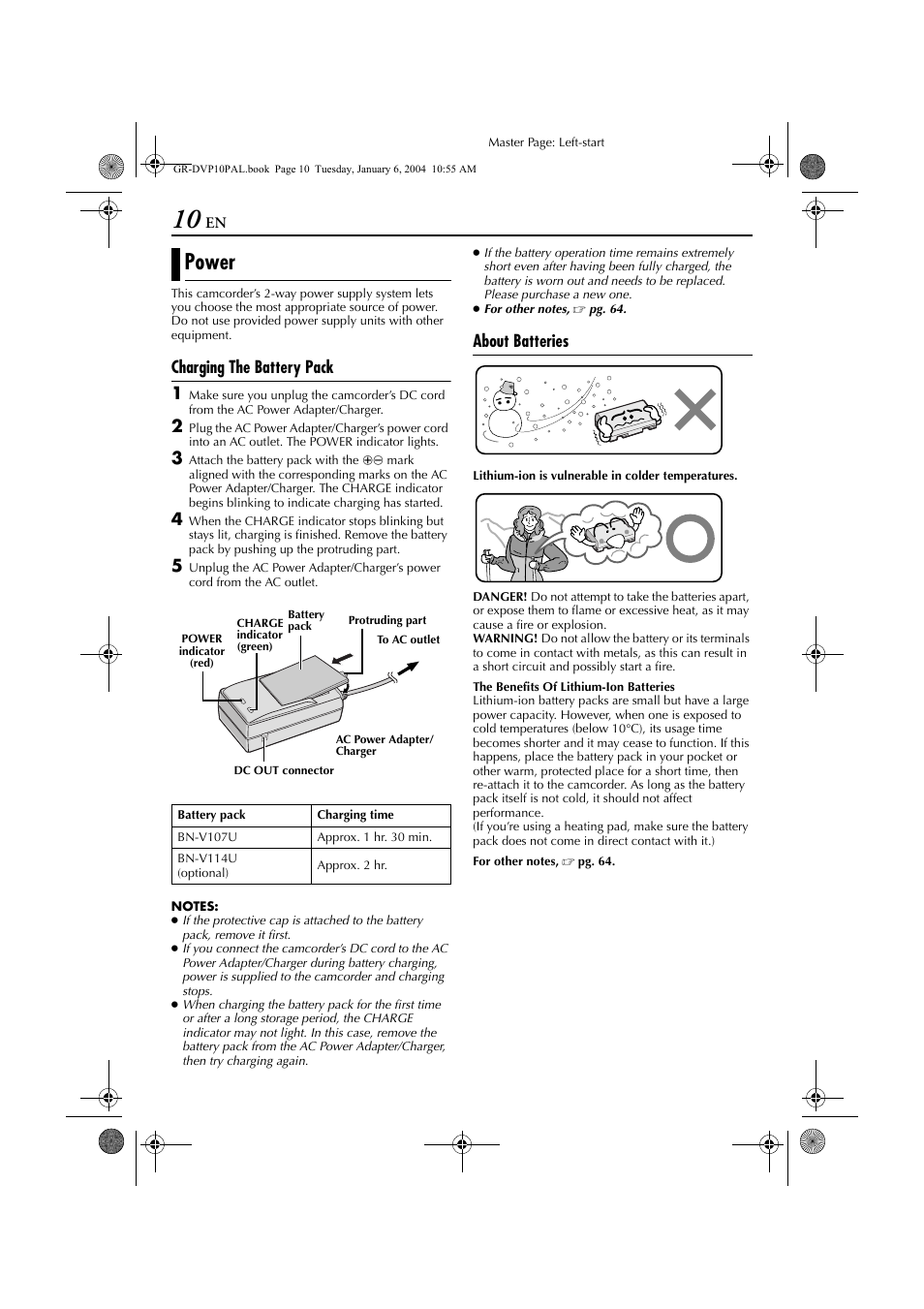 Getting started, Power, Charging the battery pack 1 | About batteries | JVC GR-DVP10 User Manual | Page 10 / 84