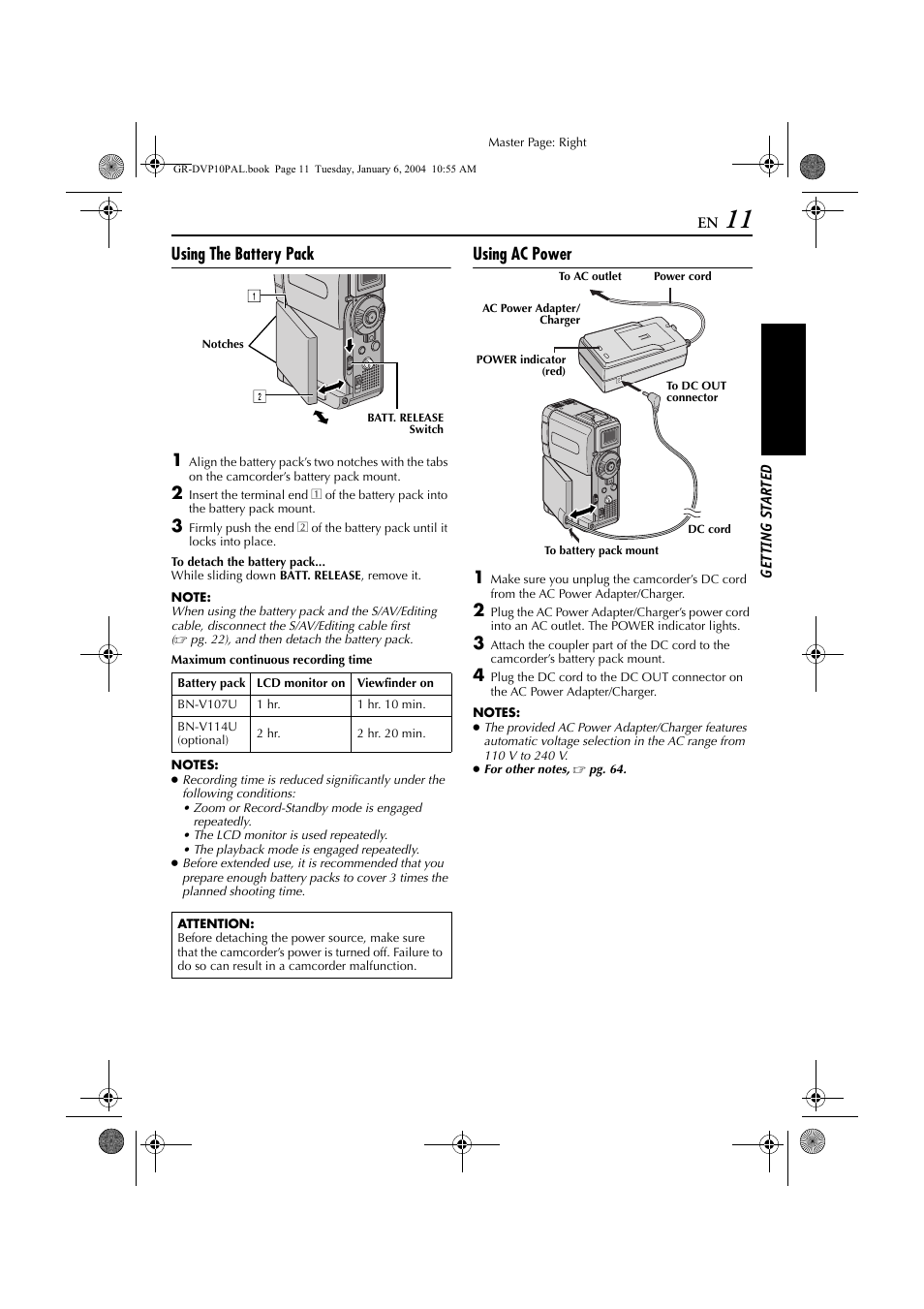 Using the battery pack 1, Using ac power 1 | JVC GR-DVP10 User Manual | Page 11 / 84