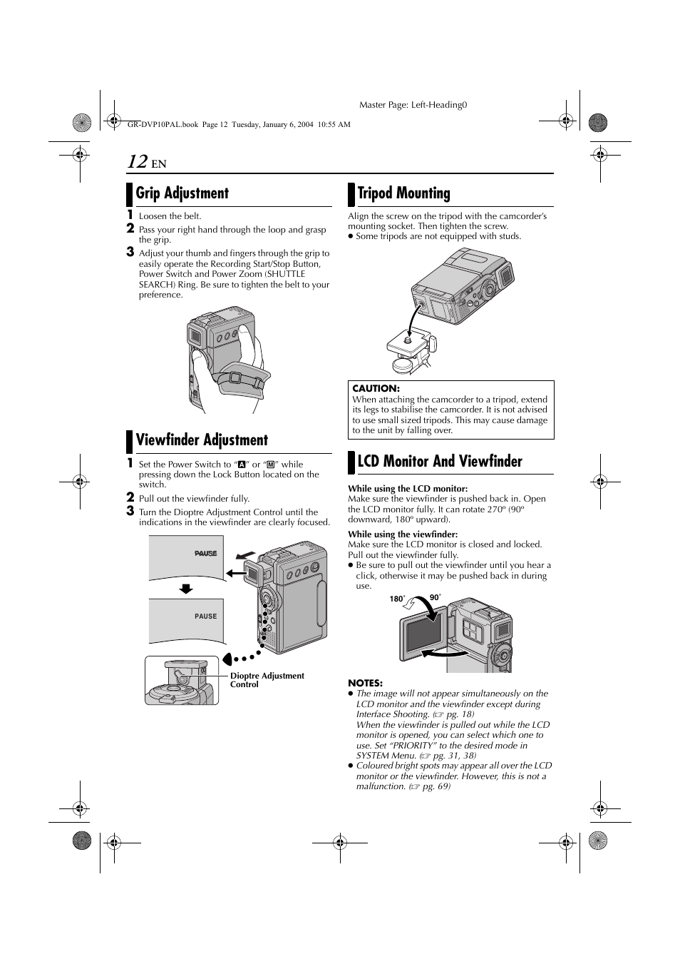 Grip adjustment, Viewfinder adjustment, Tripod mounting | Lcd monitor and viewfinder, Grip adjustment viewfinder adjustment | JVC GR-DVP10 User Manual | Page 12 / 84