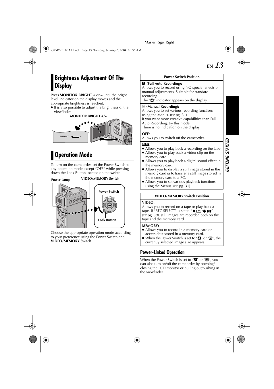 Brightness adjustment of the display, Operation mode, Power-linked operation | JVC GR-DVP10 User Manual | Page 13 / 84