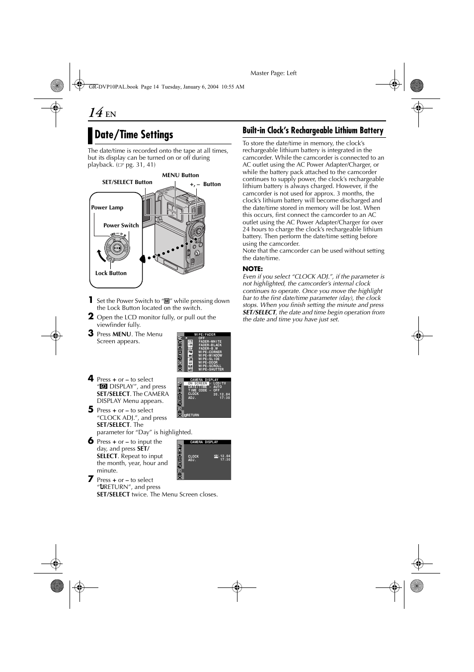 Date/time settings, Built-in clock’s rechargeable lithium battery, Press menu . the menu screen appears | JVC GR-DVP10 User Manual | Page 14 / 84