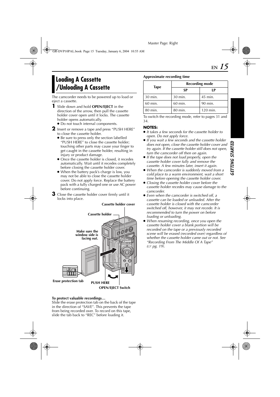 Loading a cassette /unloading a cassette, Loading a cassette, Unloading a cassette | JVC GR-DVP10 User Manual | Page 15 / 84