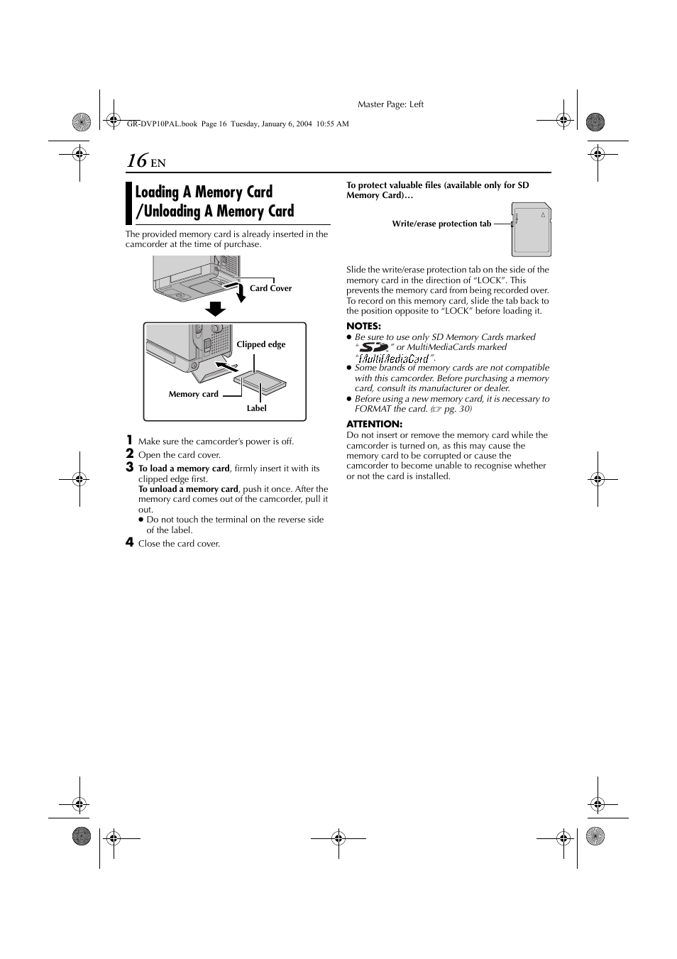 Loading a memory card /unloading a memory card, Loading a memory card, Unloading a memory card | JVC GR-DVP10 User Manual | Page 16 / 84