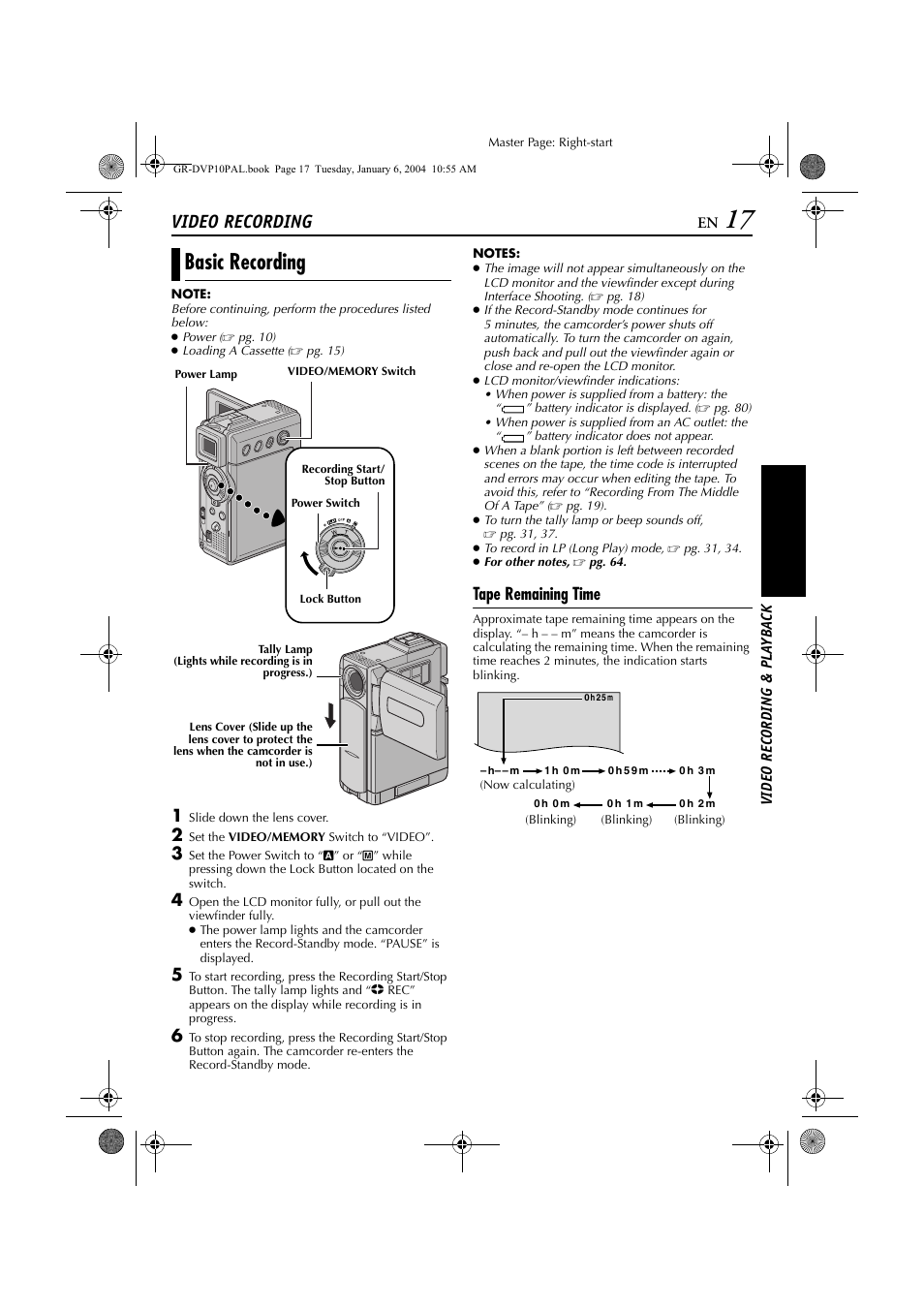 Video recording & playback, Video recording, Basic recording | Tape remaining time, Basic recording tape remaining time | JVC GR-DVP10 User Manual | Page 17 / 84