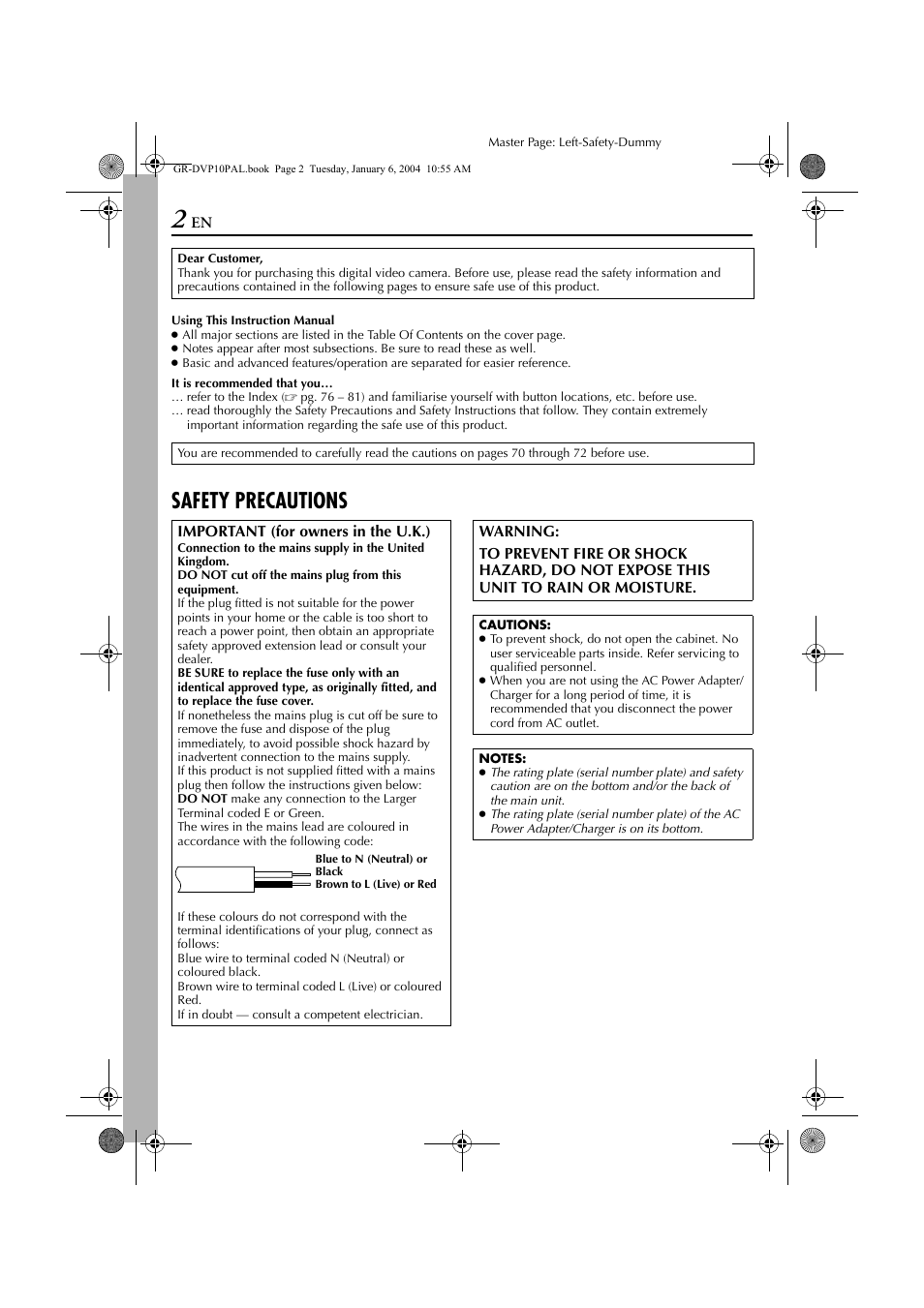 Safety precautions | JVC GR-DVP10 User Manual | Page 2 / 84