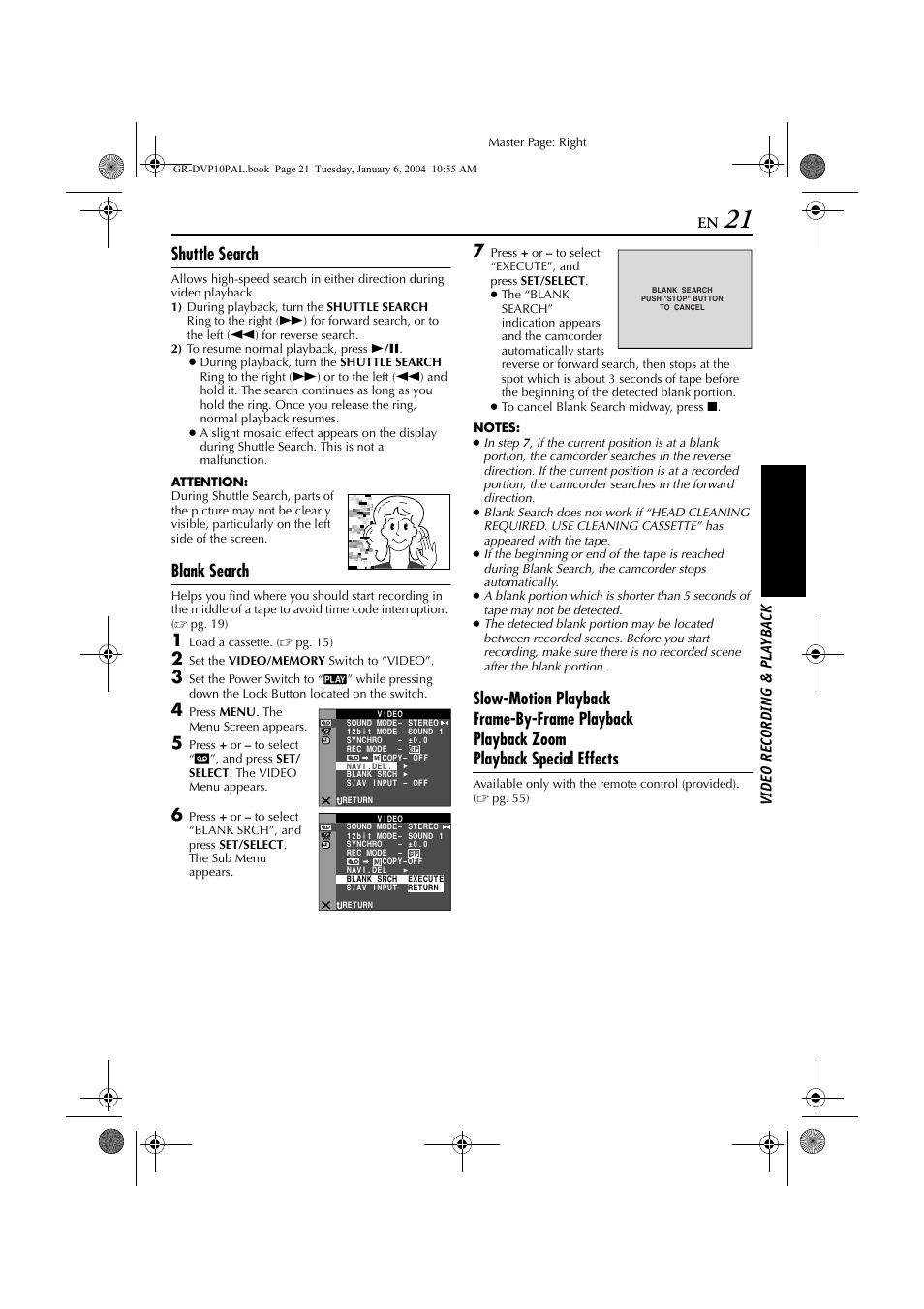 Shuttle search, Blank search, Shuttle search blank search | Pg. 21) | JVC GR-DVP10 User Manual | Page 21 / 84