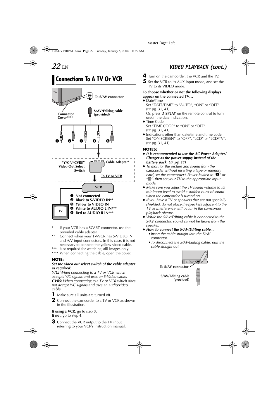 Connections to a tv or vcr, Pg. 22), and then detac, Pg. 22) | Video playback (cont.) | JVC GR-DVP10 User Manual | Page 22 / 84