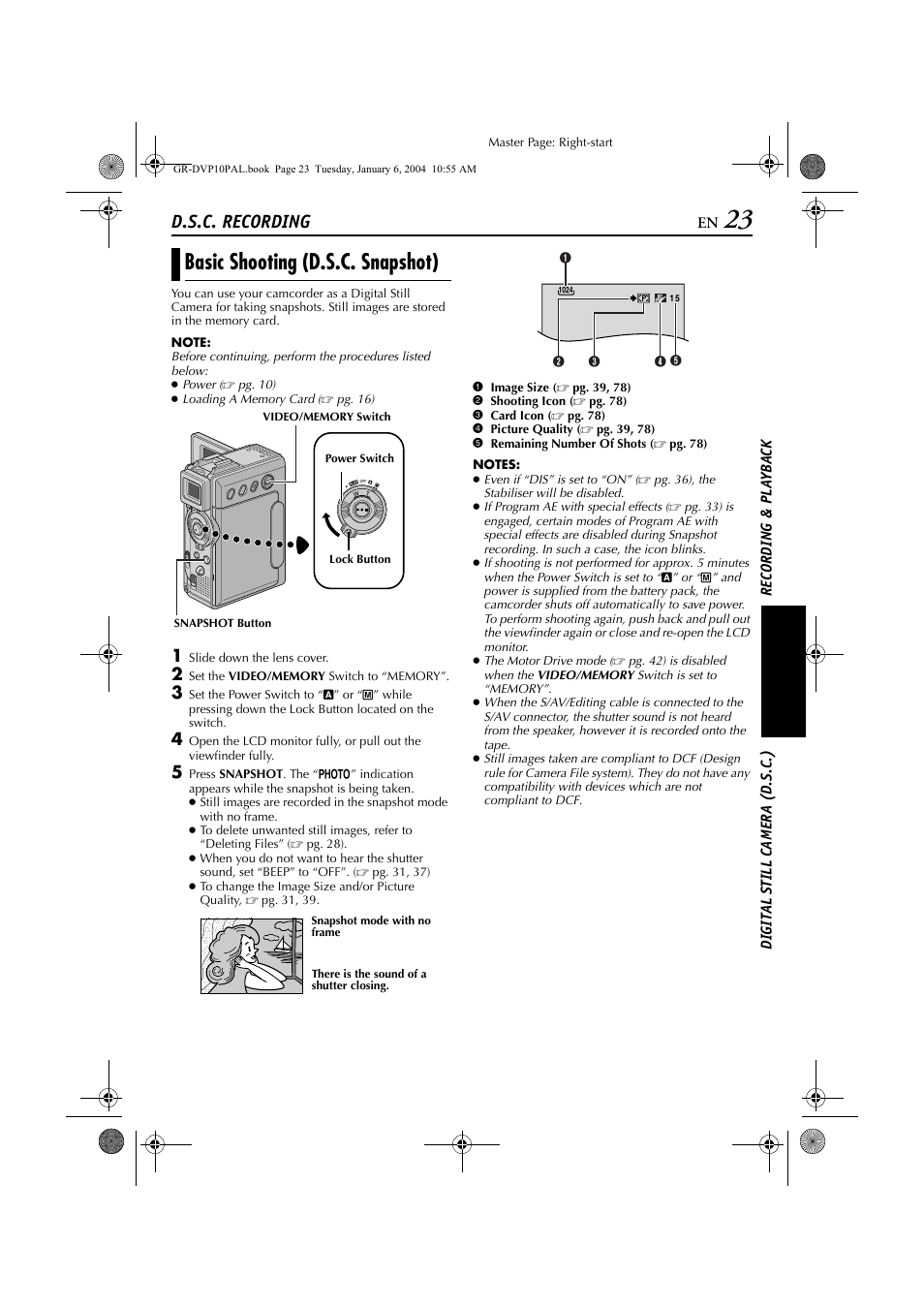 Digital still camera (d.s.c.) recording & playback, D.s.c. recording, Basic shooting (d.s.c. snapshot) | JVC GR-DVP10 User Manual | Page 23 / 84