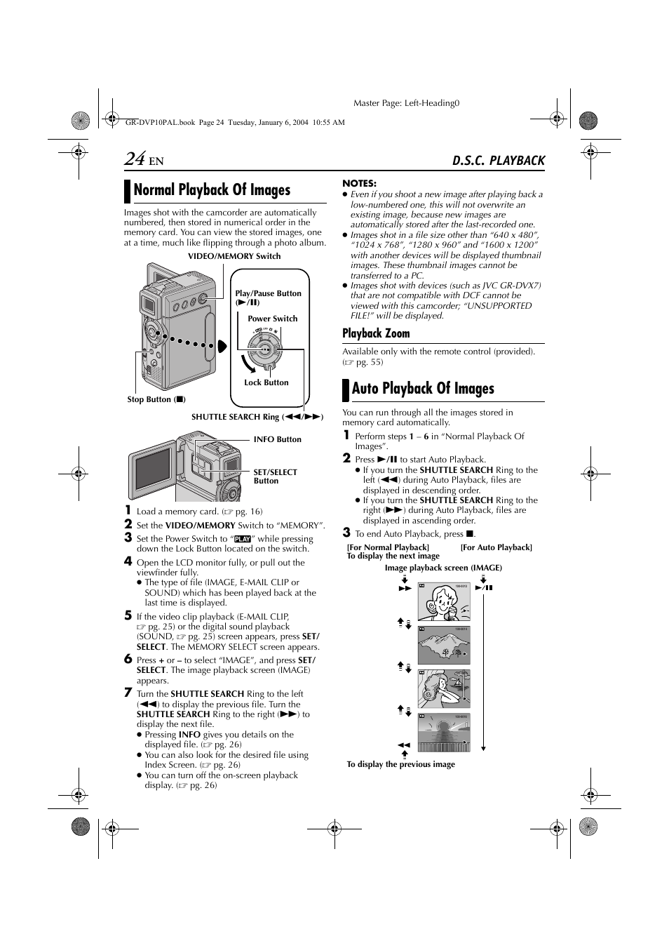 D.s.c. playback, Normal playback of images, Auto playback of images | Normal playback of images auto playback of images, Playback zoom | JVC GR-DVP10 User Manual | Page 24 / 84