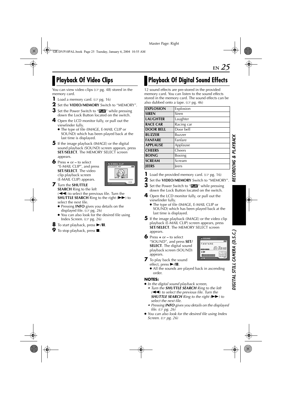 Playback of video clips, Playback of digital sound effects, Pg. 25) or the d | Pg. 25) screen appears, press | JVC GR-DVP10 User Manual | Page 25 / 84