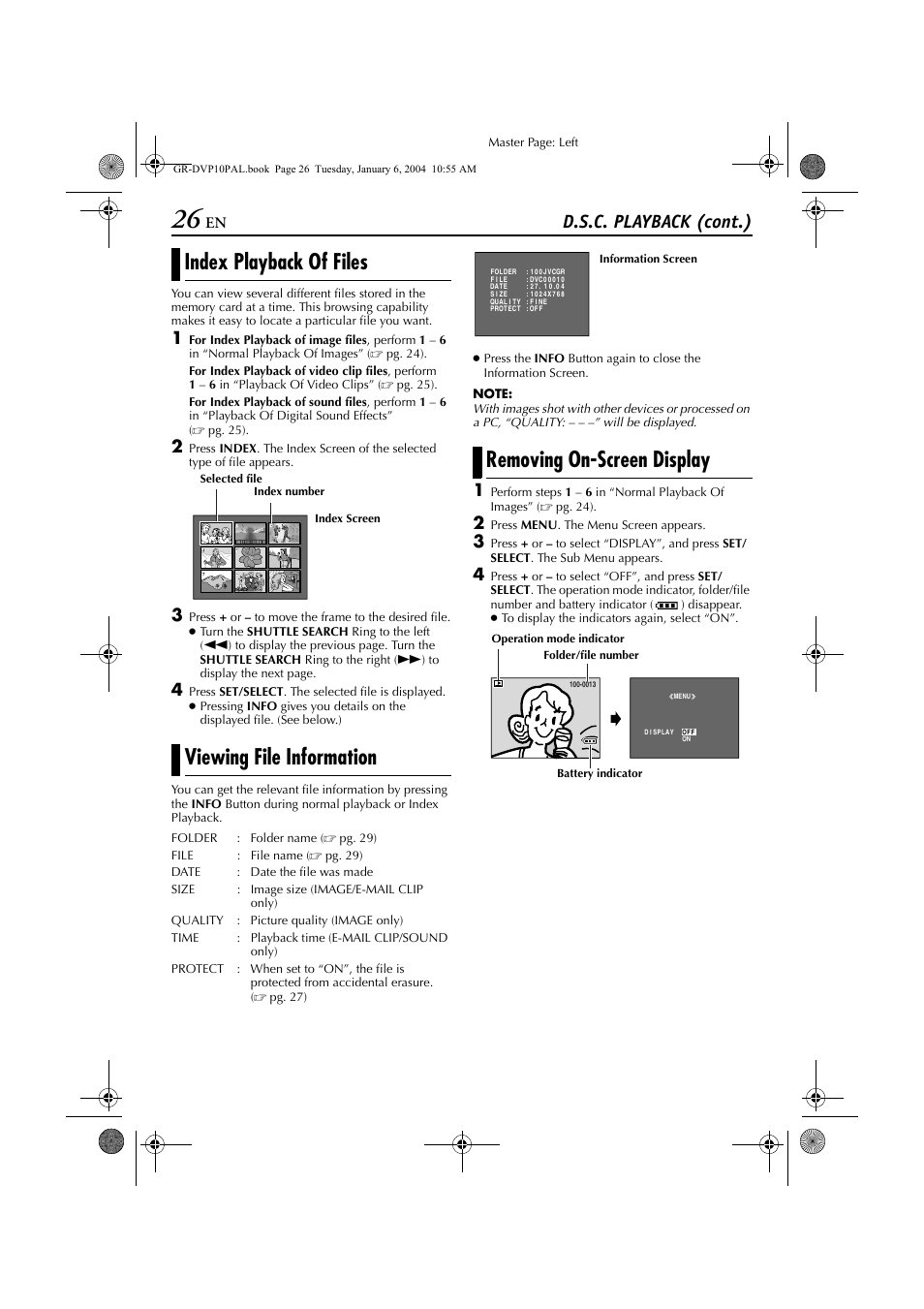 Index playback of files, Viewing file information, Removing on-screen display | File, Pg. 26), Index playback of files viewing file information, D.s.c. playback (cont.) | JVC GR-DVP10 User Manual | Page 26 / 84