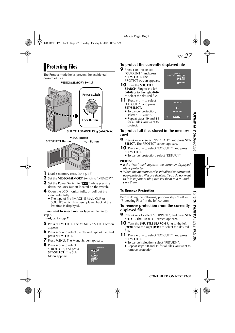 Protecting files, Pg. 27) | JVC GR-DVP10 User Manual | Page 27 / 84