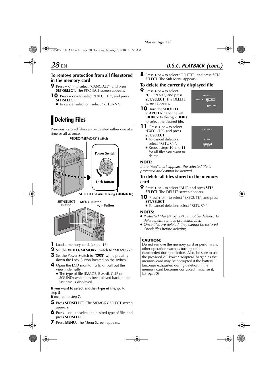 Deleting files, Pg. 28), D.s.c. playback (cont.) | JVC GR-DVP10 User Manual | Page 28 / 84