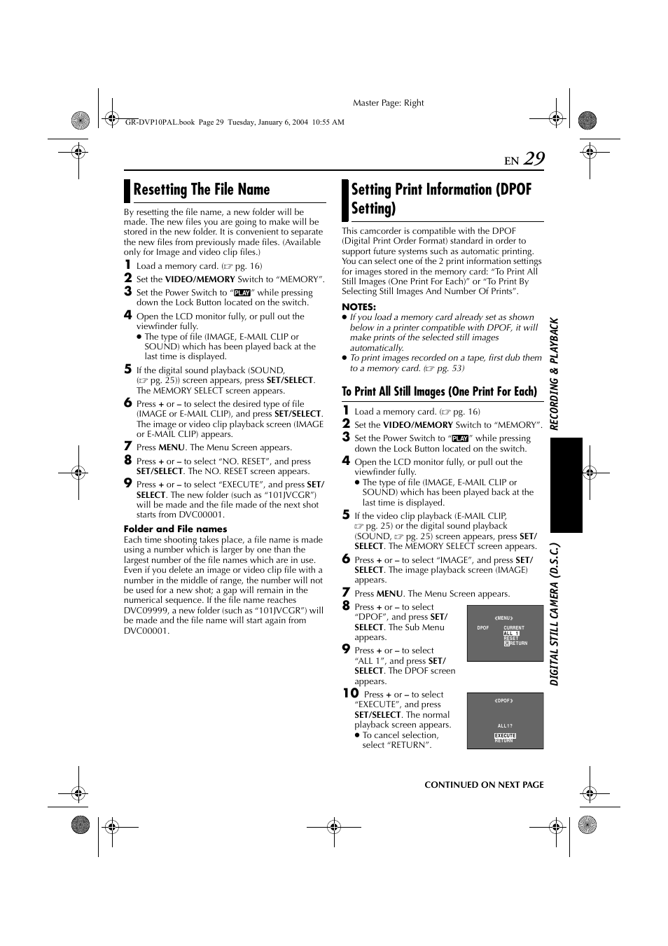 Resetting the file name, Setting print information (dpof setting), Older name | Pg. 29), Ile name | JVC GR-DVP10 User Manual | Page 29 / 84