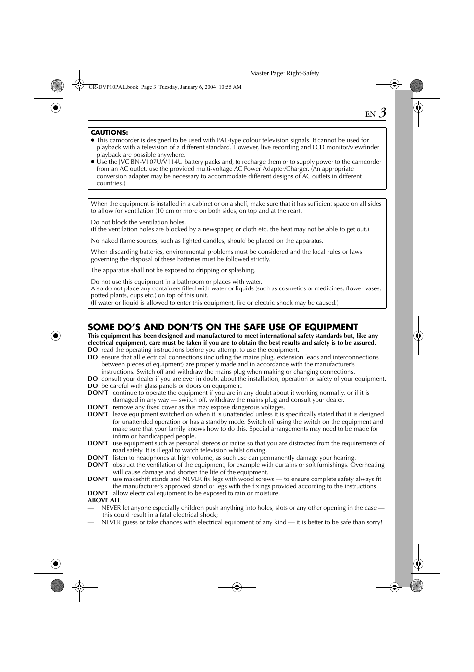 Some do’s and don’ts on the safe use of equipment | JVC GR-DVP10 User Manual | Page 3 / 84