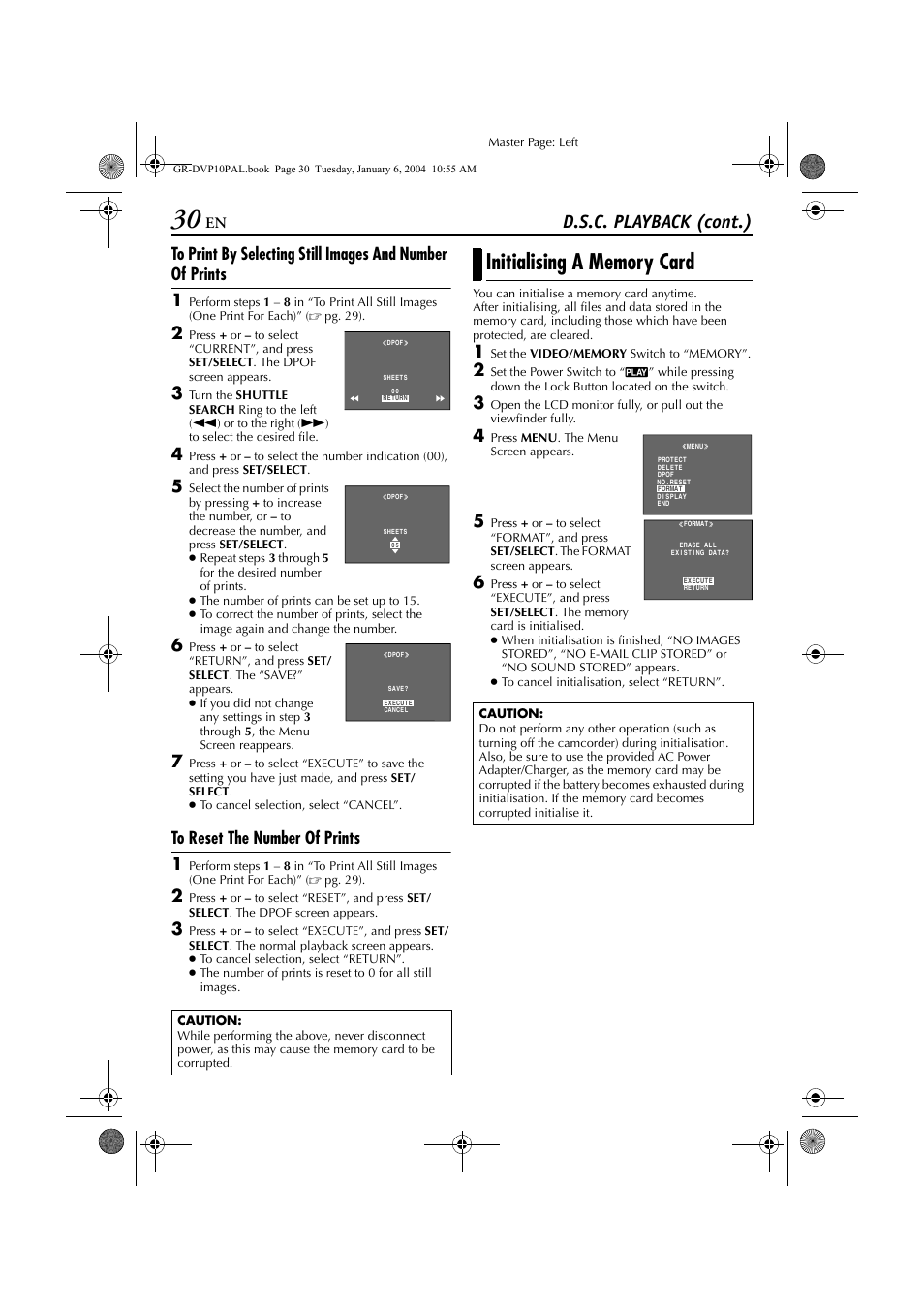 Initialising a memory card, Pg. 30), D.s.c. playback (cont.) | JVC GR-DVP10 User Manual | Page 30 / 84