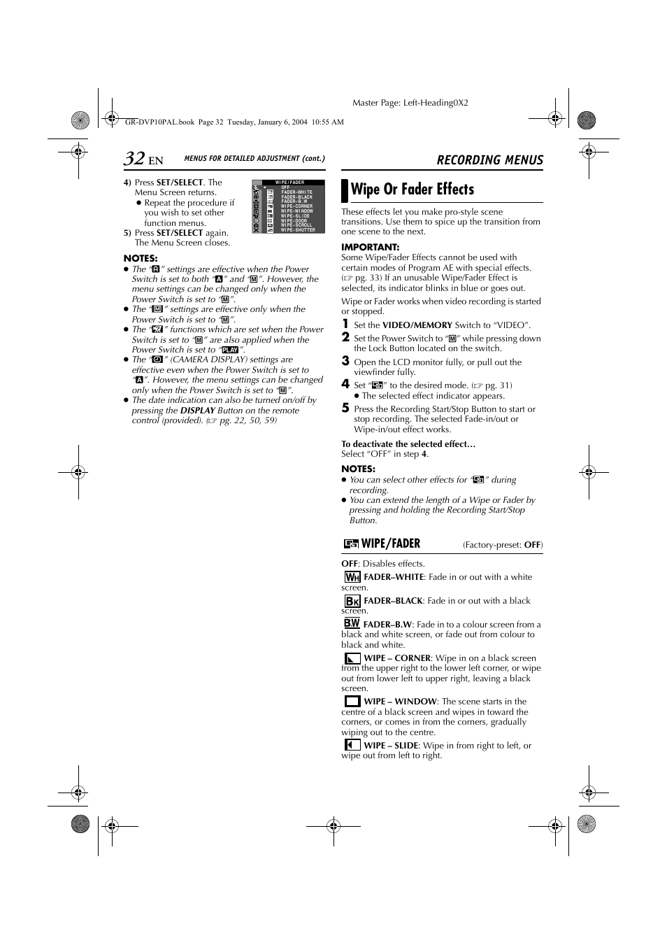 Recording menus, Wipe or fader effects, Settings | Pg. 32 – 41), Wipe/fader, Master page: left-heading0x2 | JVC GR-DVP10 User Manual | Page 32 / 84