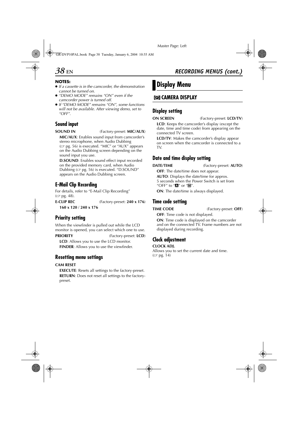 Pg. 38), Display menu, Recording menus (cont.) | JVC GR-DVP10 User Manual | Page 38 / 84